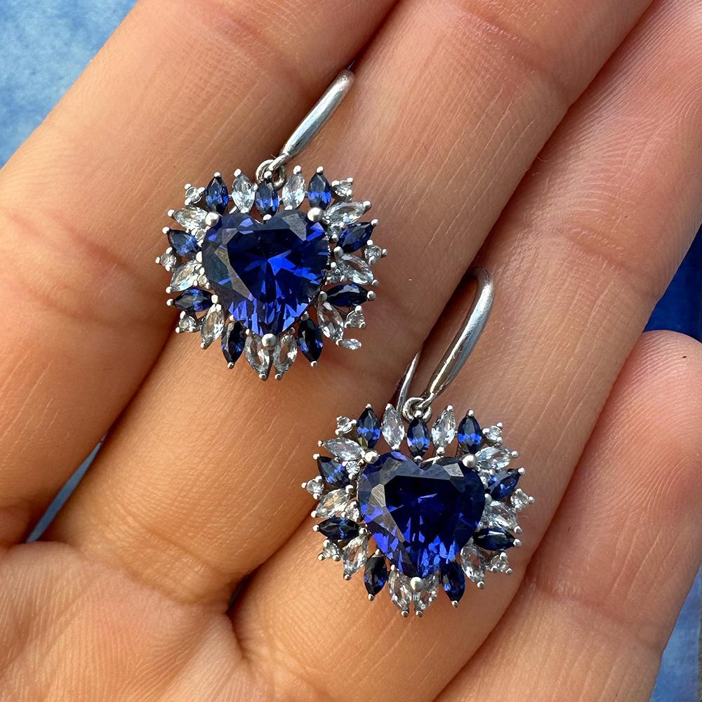 Heart Cut Beating Heart Earrings - Blue Sapphires, Silver For Sale