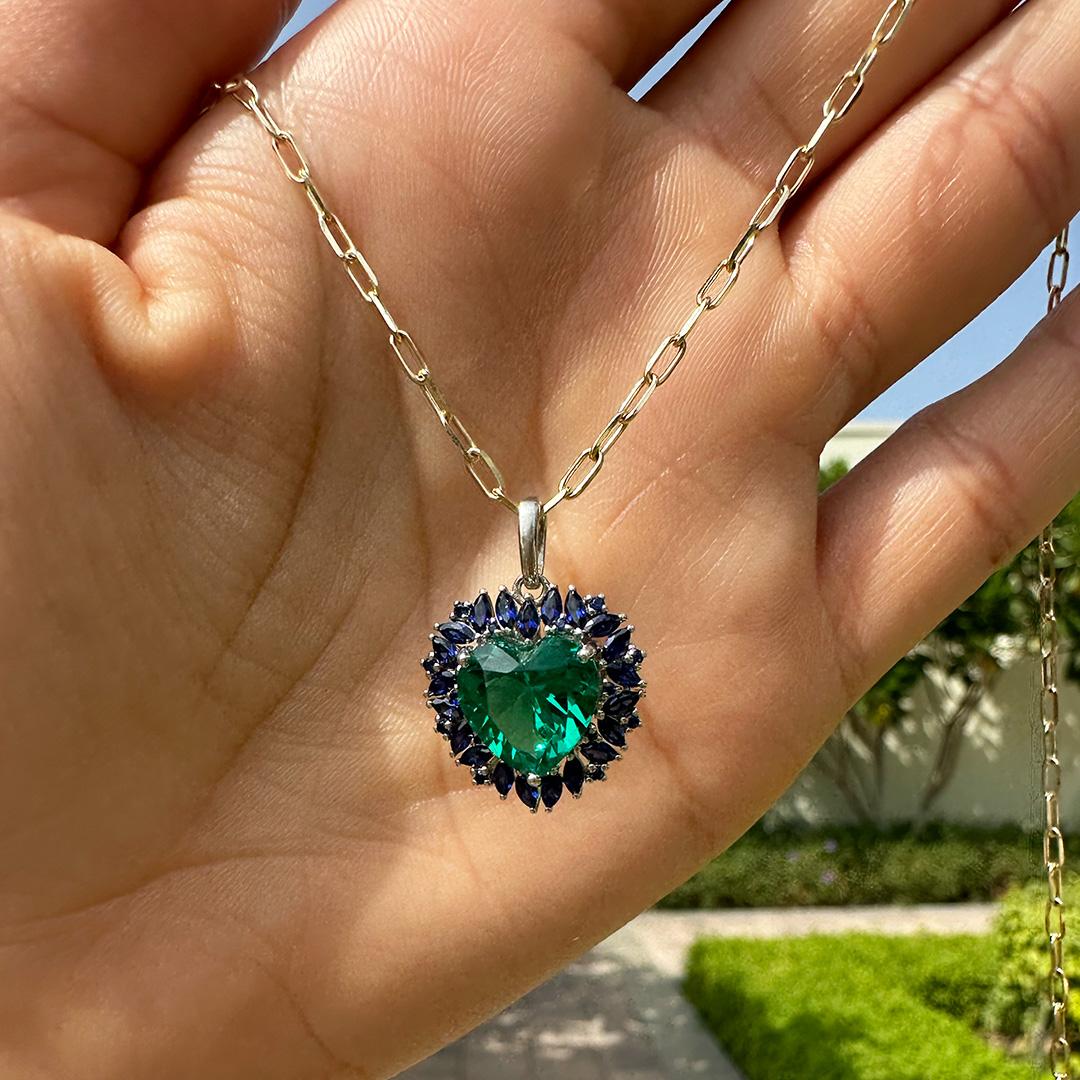 Romantic Beating Heart Pendant, Green Emerald Heart and Marquise Blue Sapphires, 10kt For Sale