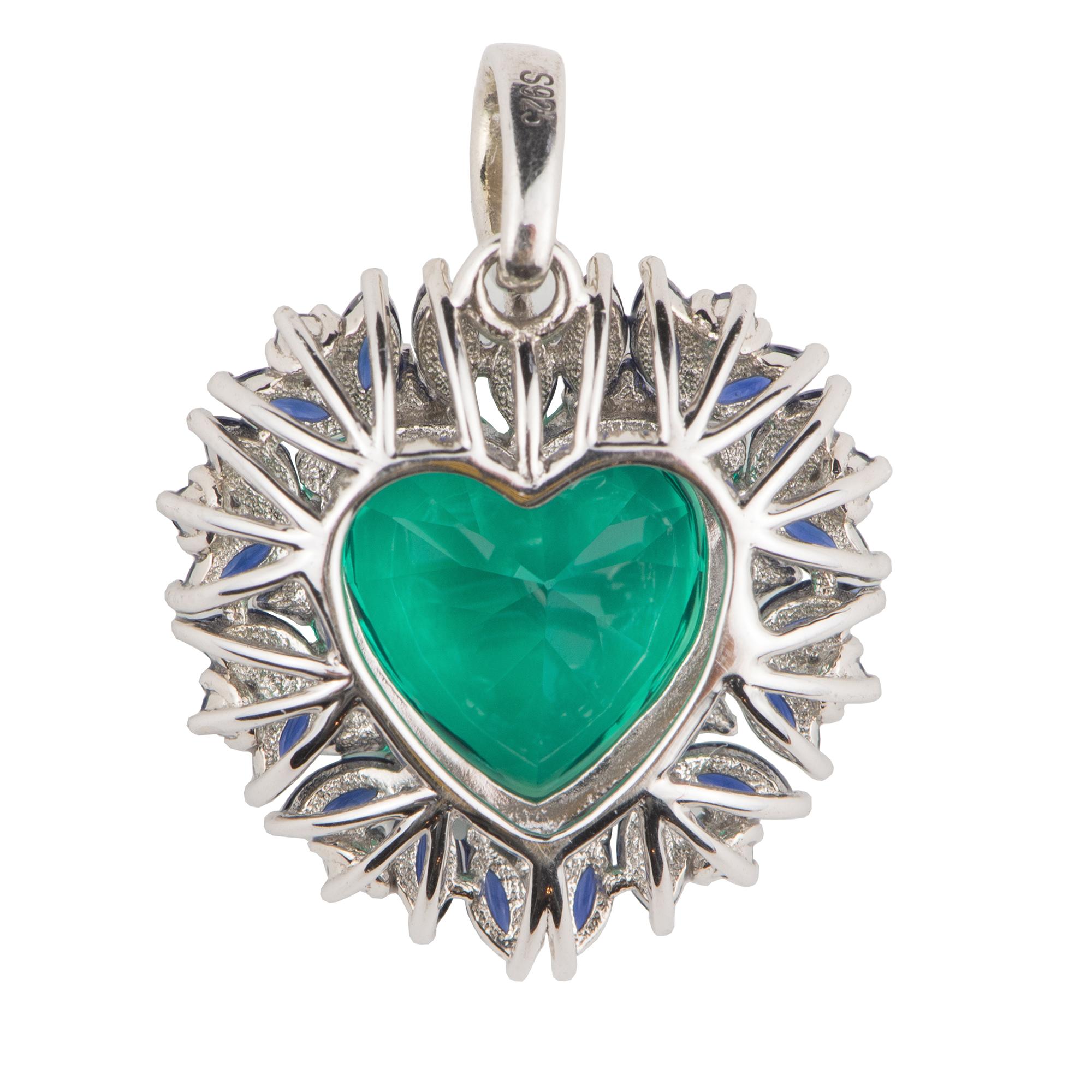 Romantic Beating Heart Pendant, Green Emerald Heart and Marquise Blue Sapphires, Silver For Sale