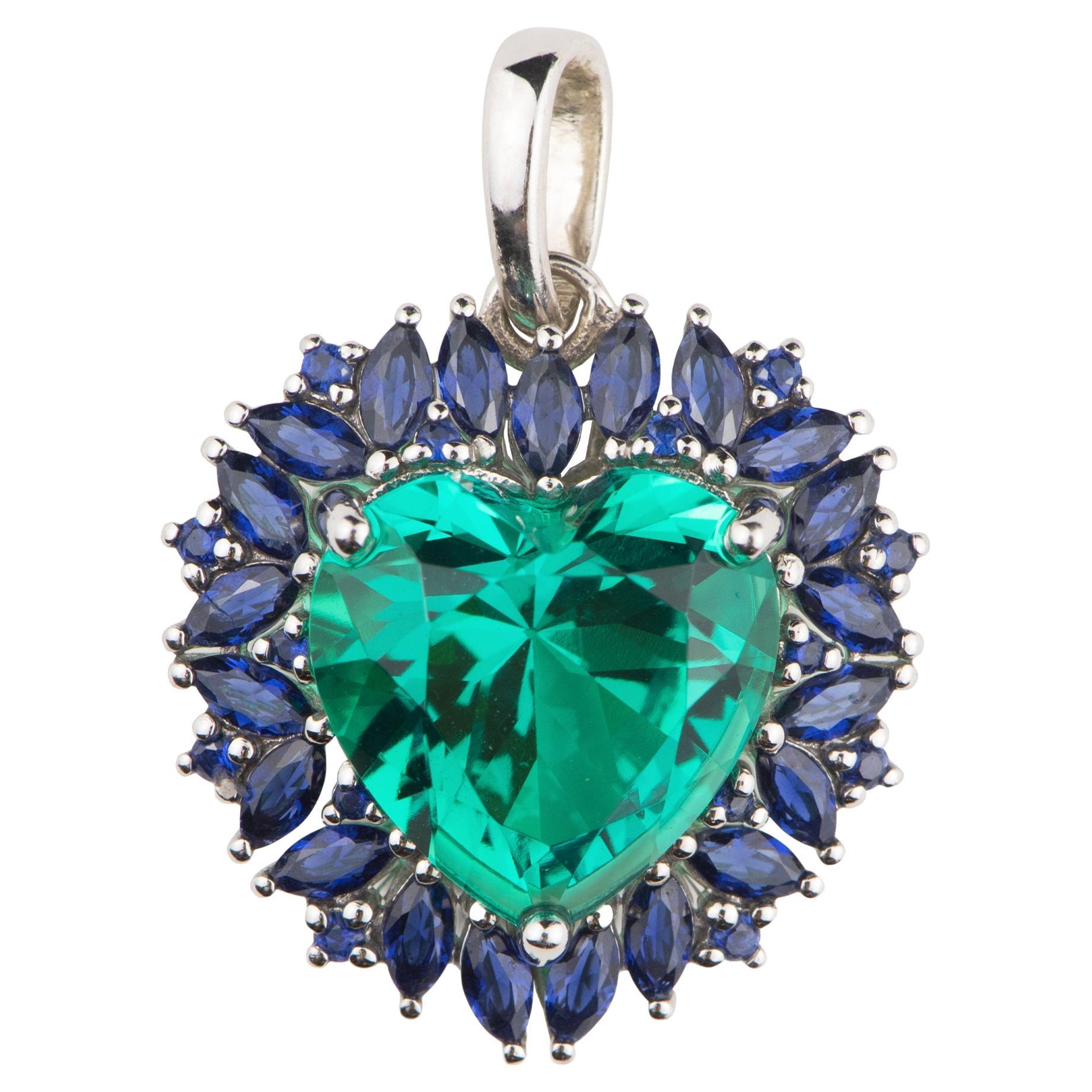 Beating Heart Pendant, Green Emerald Heart and Marquise Blue Sapphires, Silver