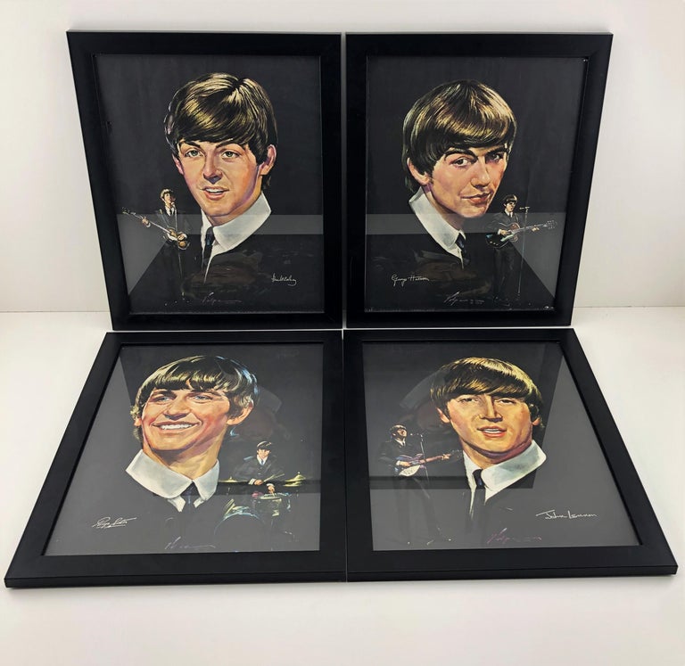 4 professionally Framed 1964 Nicholas Volpe Beatles Portrait Posters in very good condition. Each picture is 16 x 20.5 inches framed under glass. 
The Fab Four are John Lennon Paul McCartney Ringo Starr and George Harrison. The Beatles first sat