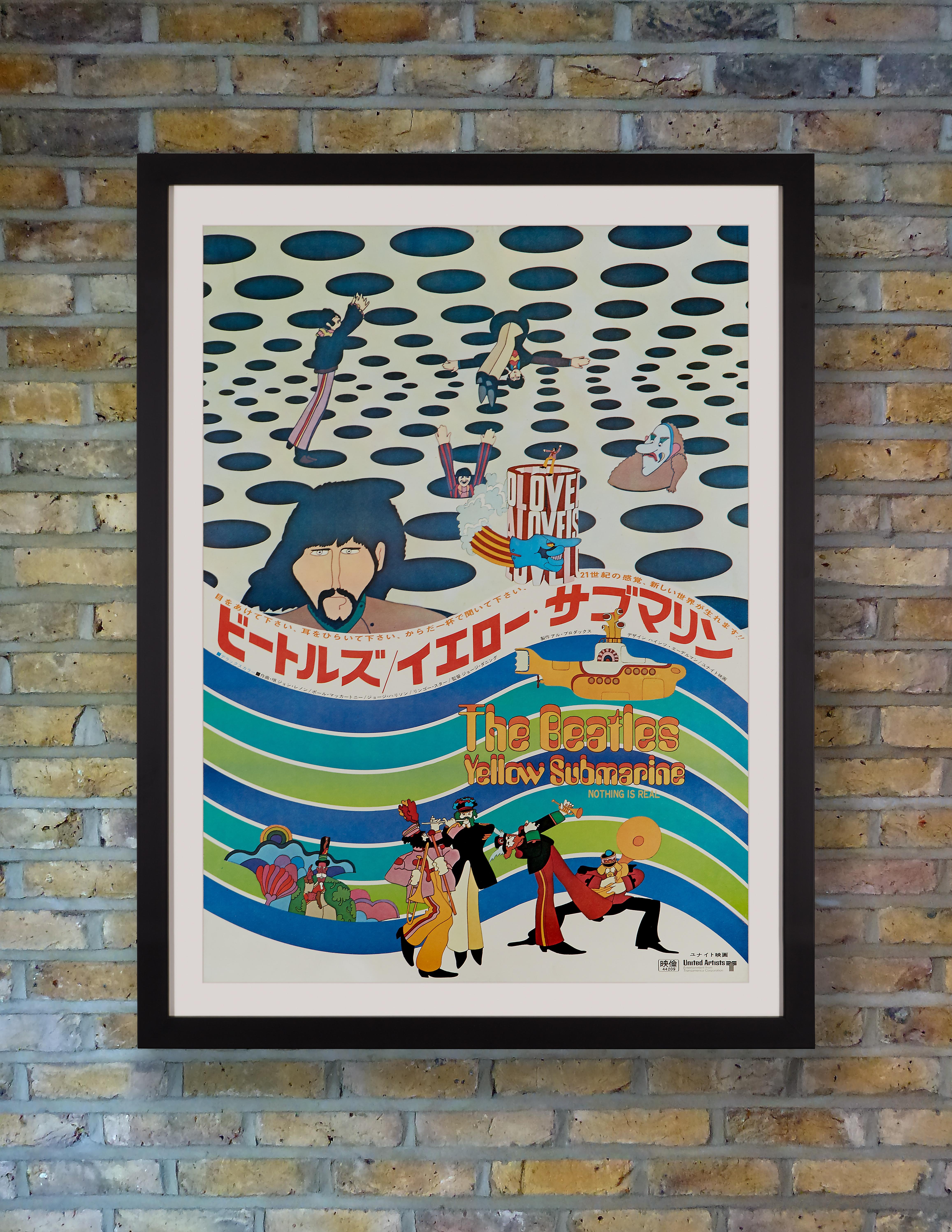 This fantastically bizarre Japanese B2 poster offers some of the best artwork created to promote The Beatles 1968 hit psychedelic musical animation 'Yellow Submarine,' with its optical illusions, lush visuals and colorful characters. Directed by