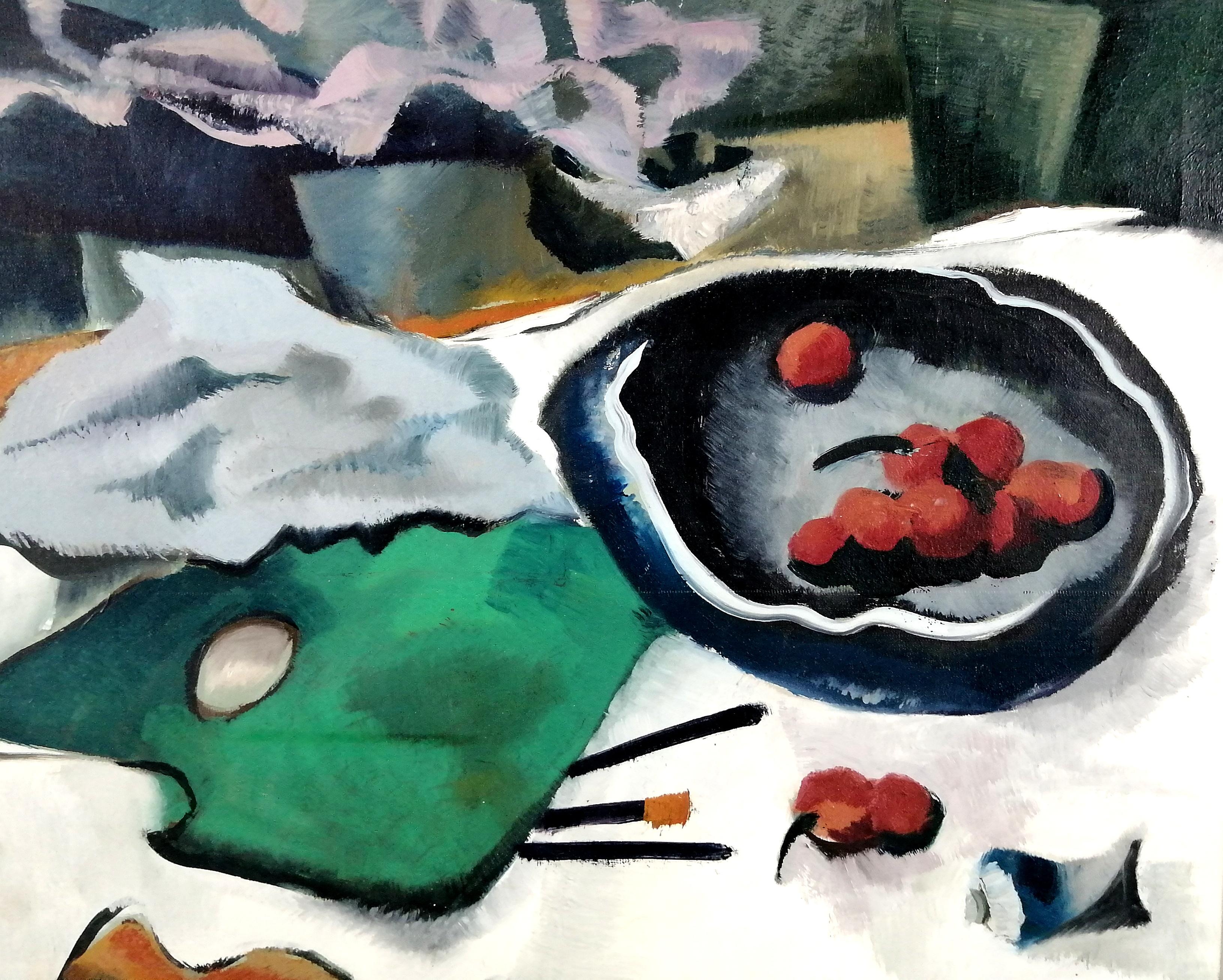 Un bellissimo olio cubista francese su tela degli anni '50 raffigurante una natura morta in studio con tavolozza, pennelli e ciotola di ciliegie di Béatrice Appia.

Rara e ricercata opera di questa interessantissima artista femminile che si iscrisse