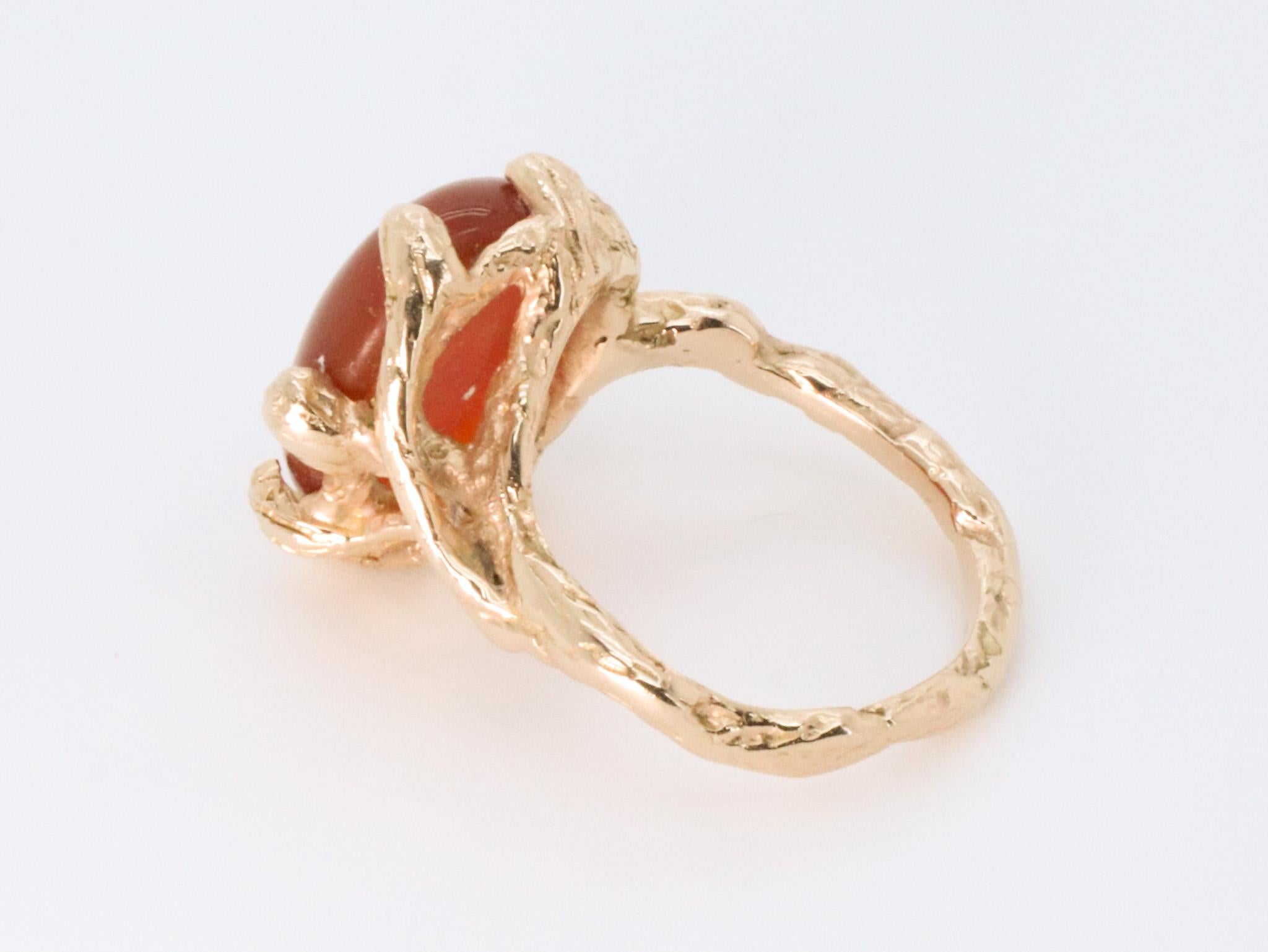 Modern 18K Rose Gold Carnelian Made in Italy Grounding Asymmetrical Bold Cocktail Ring For Sale