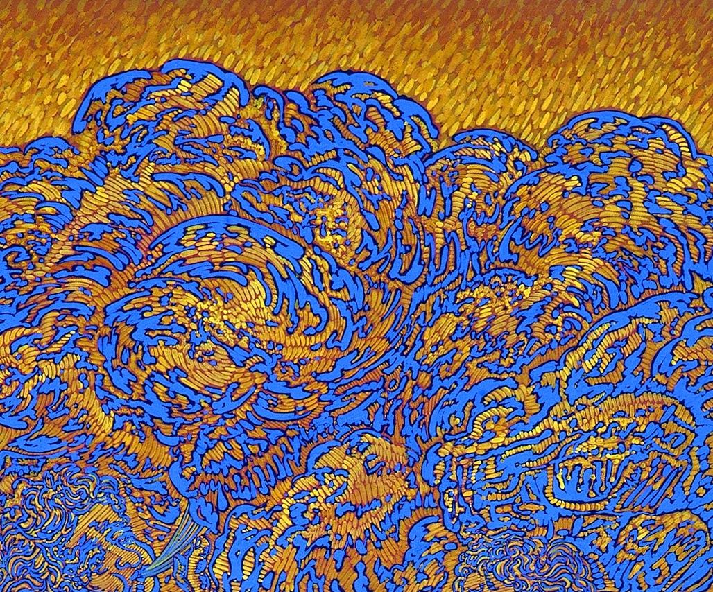 « Breasting I », peinture abstraite à l'acrylique bleu saphir et jaune ocre - Gris Abstract Painting par Béatrice Bescond