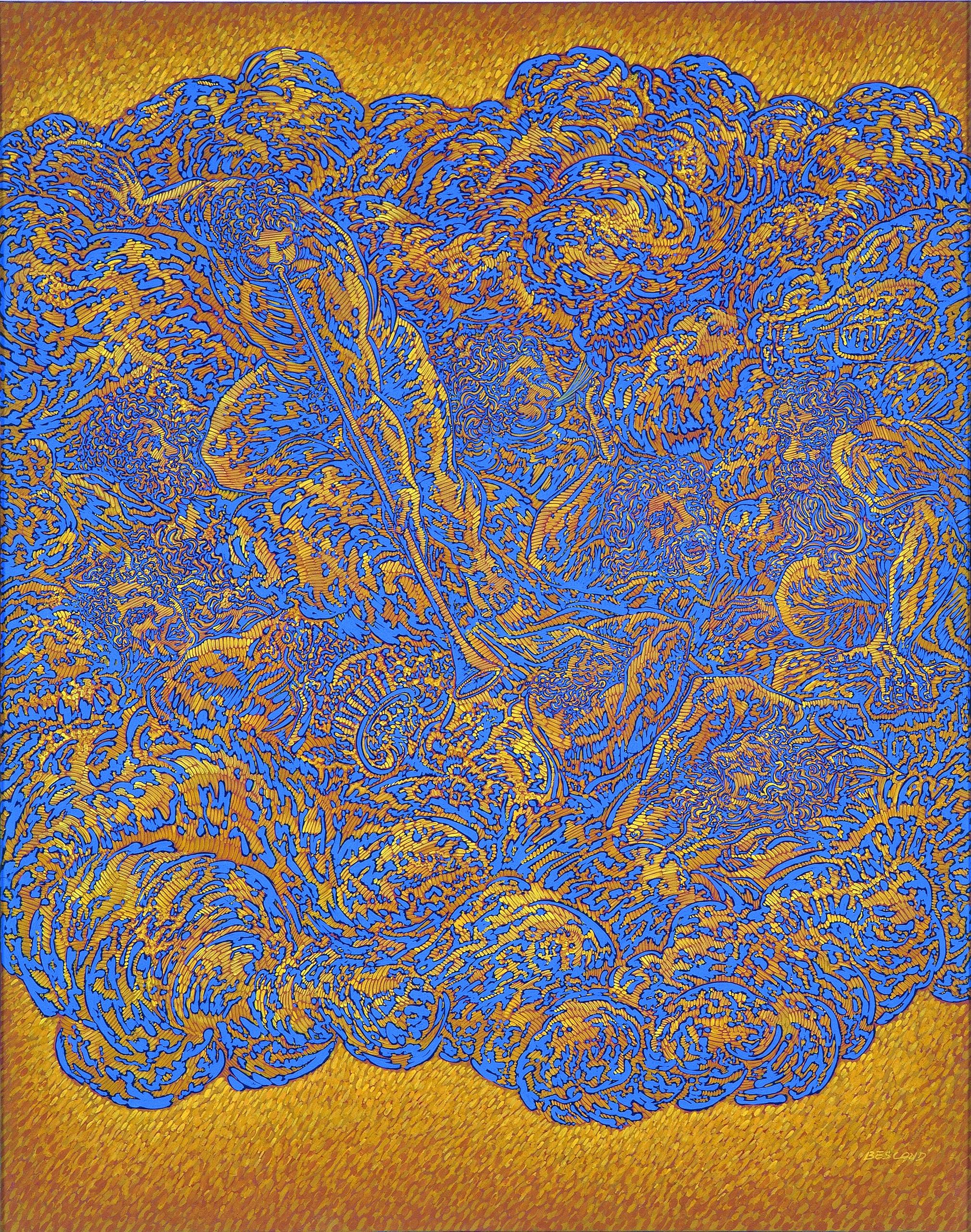 Abstract Painting Béatrice Bescond - « Breasting I », peinture abstraite à l'acrylique bleu saphir et jaune ocre
