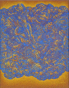 « Breasting I », peinture abstraite à l'acrylique bleu saphir et jaune ocre