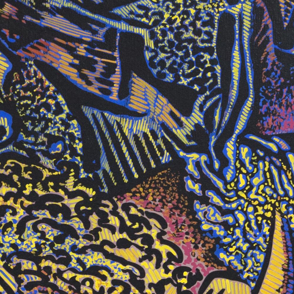 « Mythorology », peinture jaune chromé, violet parme, bleu cobalt, ocre jaune en vente 6