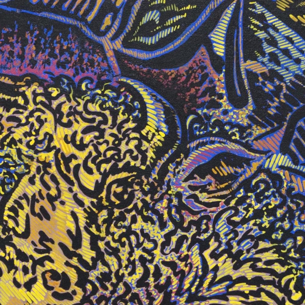 « Mythorology », peinture jaune chromé, violet parme, bleu cobalt, ocre jaune - Autres styles artistiques Painting par Béatrice Bescond