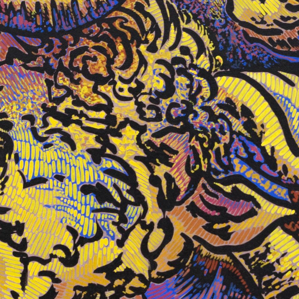 « Mythorology », peinture jaune chromé, violet parme, bleu cobalt, ocre jaune - Bleu Figurative Painting par Béatrice Bescond