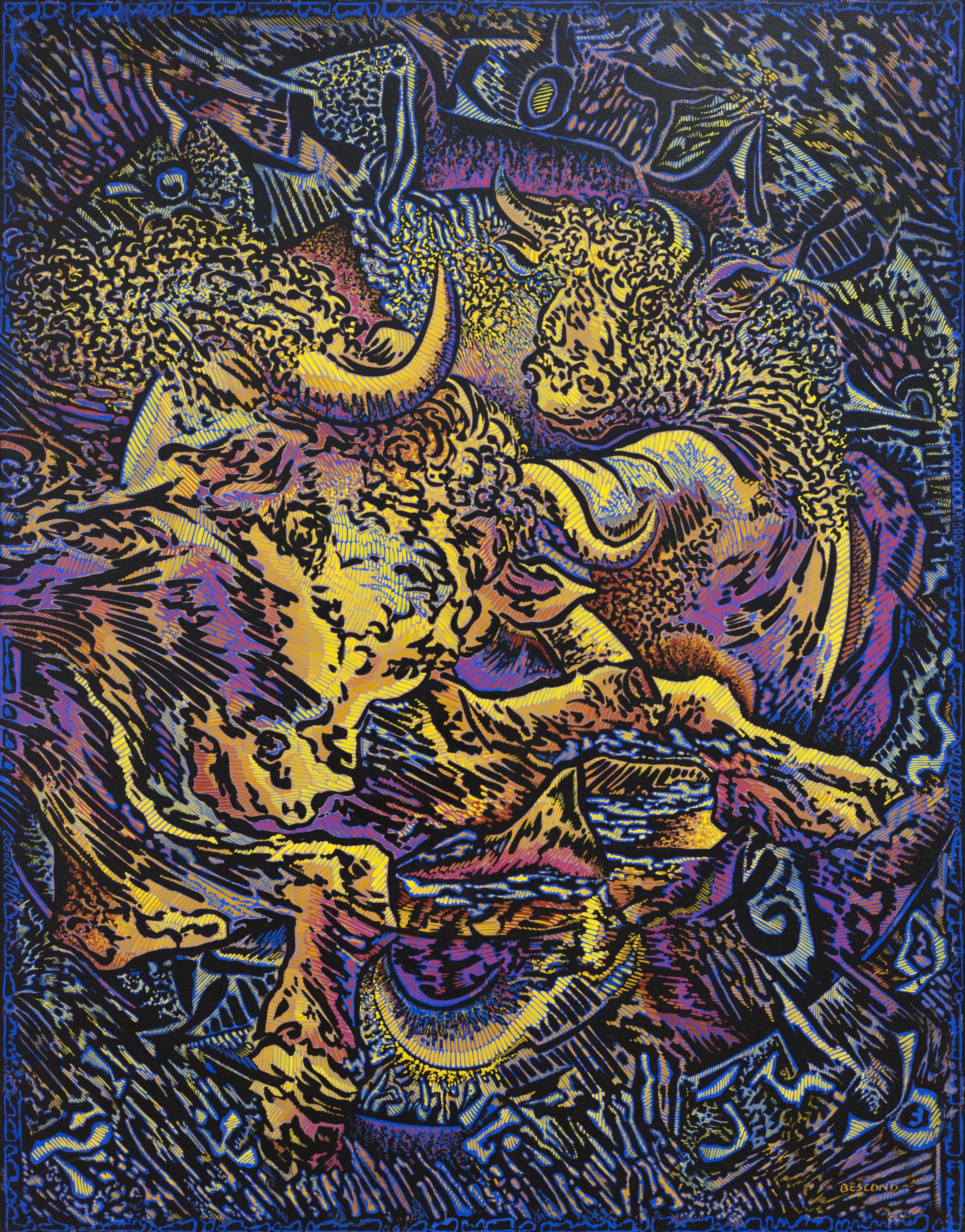 Figurative Painting Béatrice Bescond - « Mythorology », peinture jaune chromé, violet parme, bleu cobalt, ocre jaune