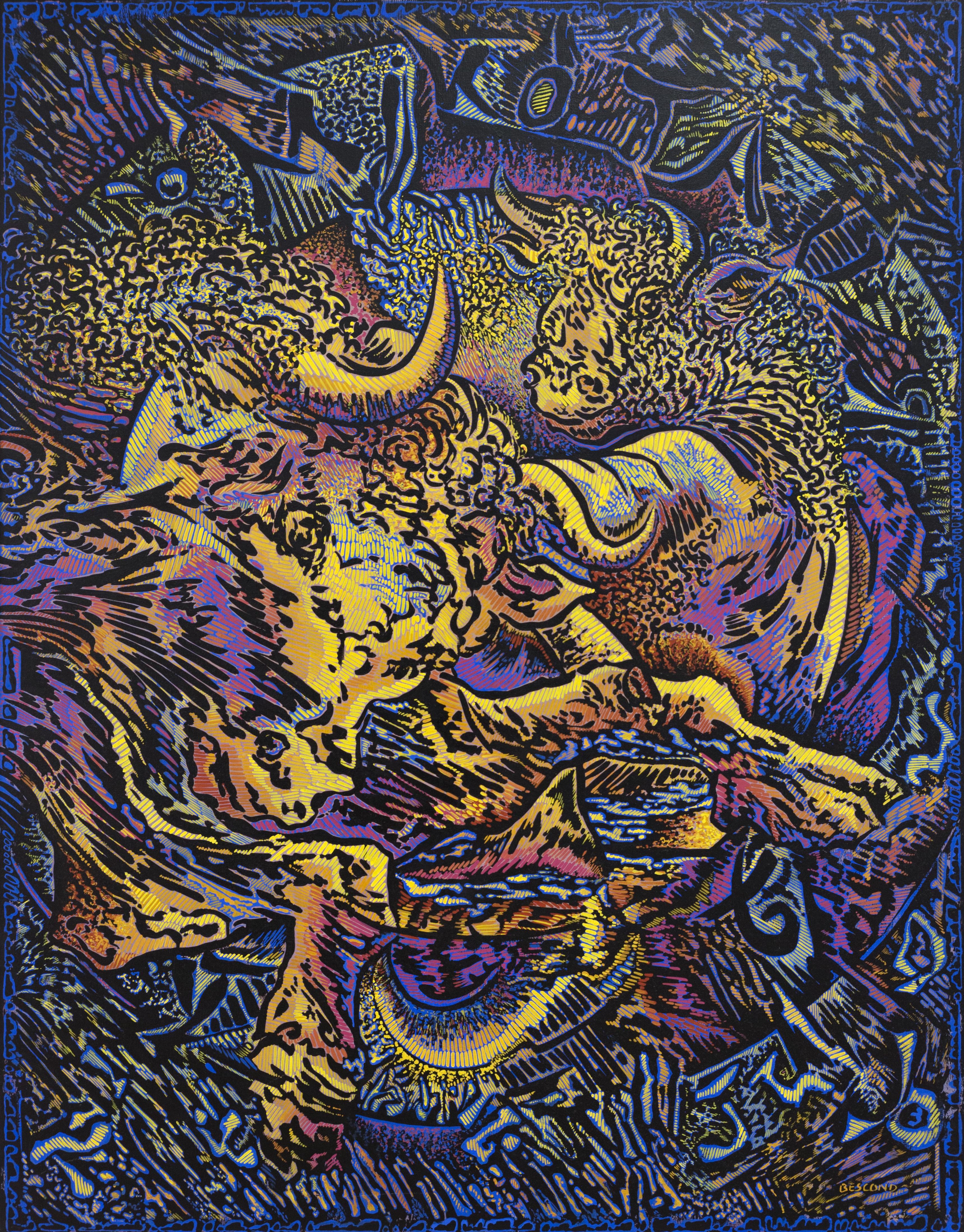 Figurative Painting di Béatrice Bescond - "Mitologia", Pittura con giallo cromo, viola di Parma, blu cobalto e ocra gialla