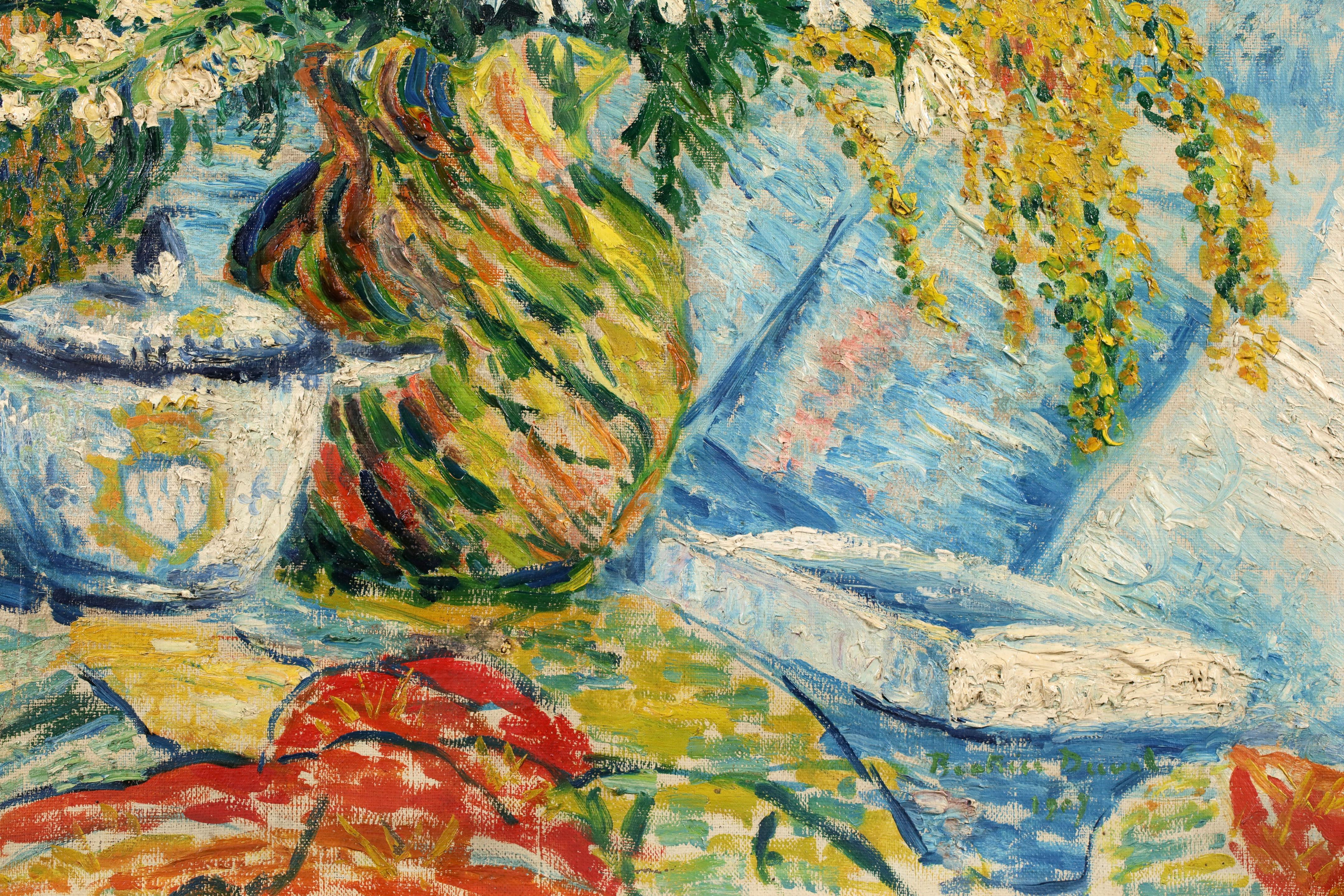 Nature morte de style divisionniste signée, huile sur toile de la peintre néo-impressionniste suisse Béatrice Duval. L'œuvre représente un vase de fleurs peint principalement en jaune et en vert sur un fond bleu.

Ce beau tableau néo-impressionniste