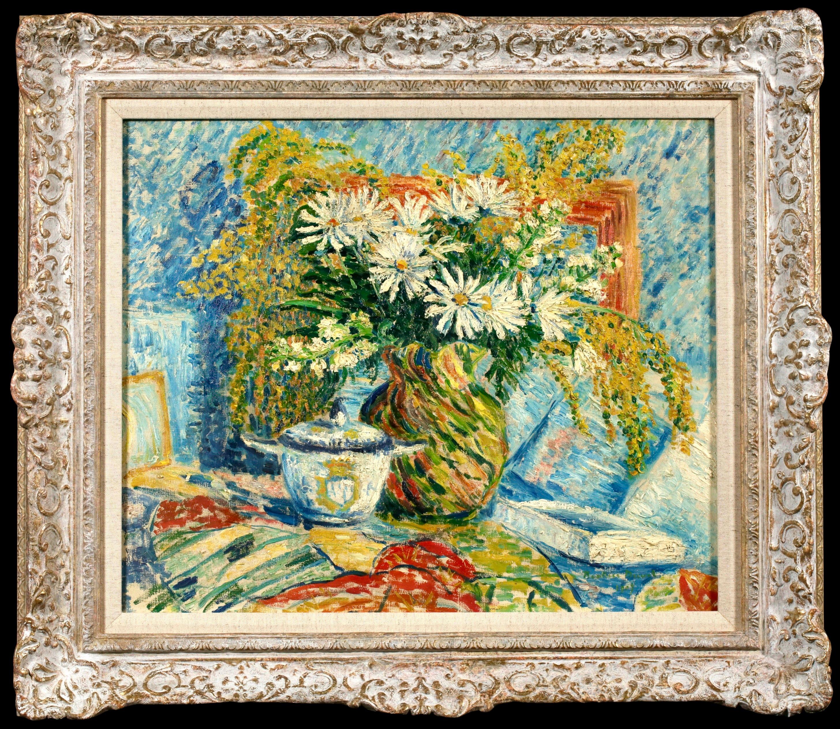Natura morta su tela firmata in stile divisionista dalla pittrice neo-impressionista svizzera Beatrice Duval. L'opera raffigura un vaso di fiori dipinto prevalentemente in giallo e verde su uno sfondo blu.

Questo raffinato dipinto