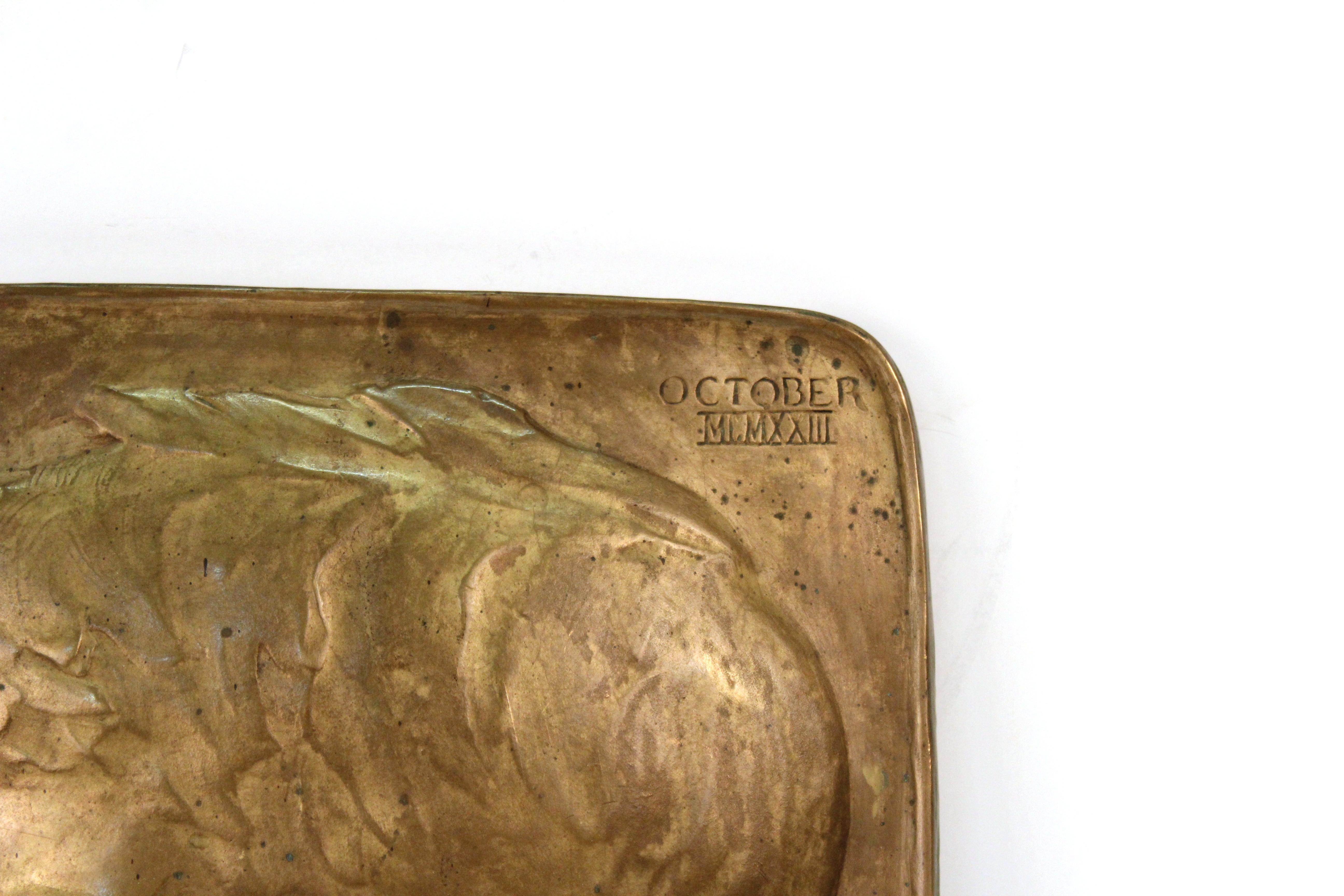 American Aesthetic Movement bronze relief plaque depicting a profile portrait of John White Mathews Jr. as a young boy. The piece was made by Beatrice Fenton (1887-1983) in 1923. Artist's signature mark and dated in Roman numerals. The piece is in
