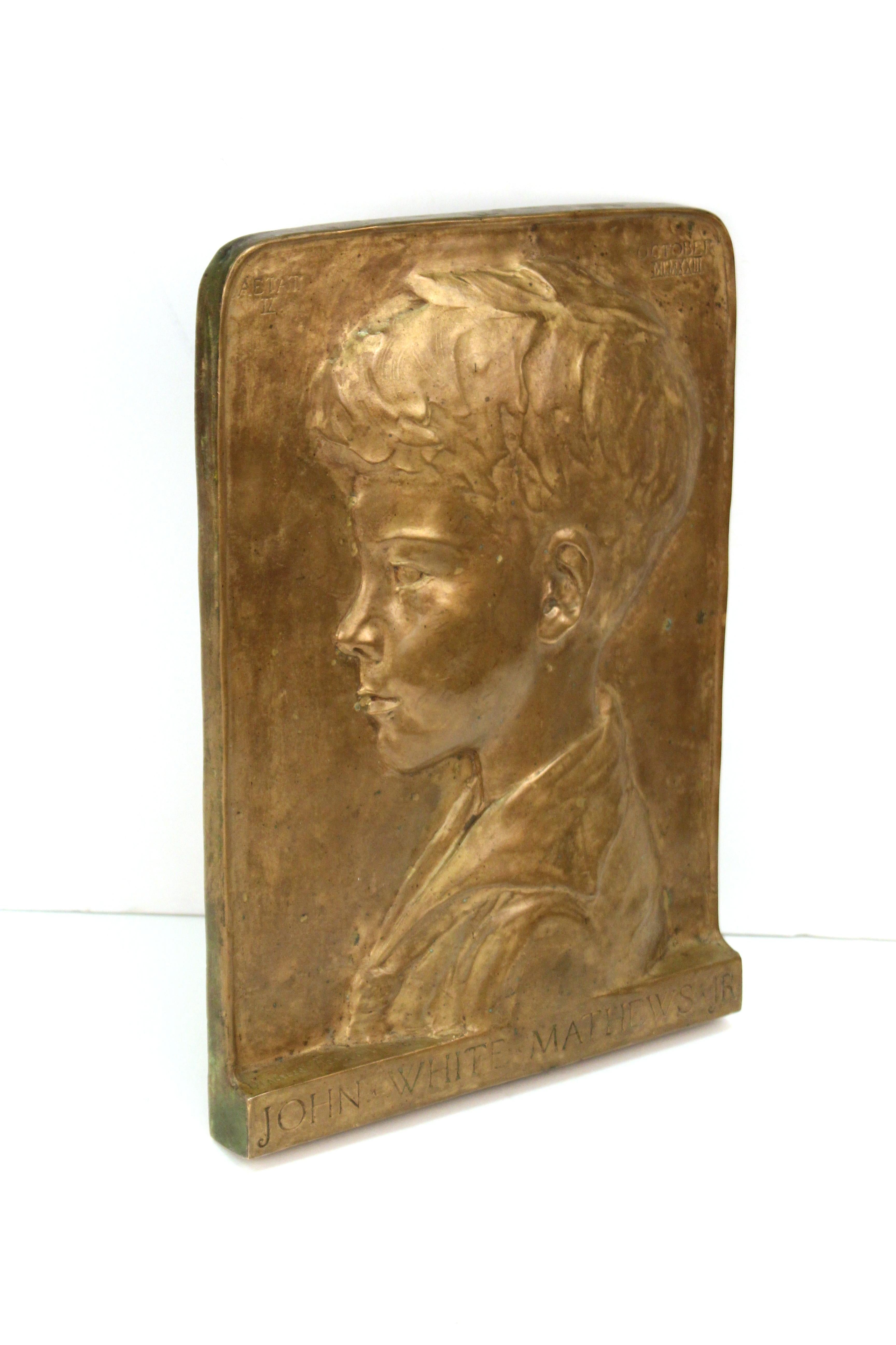 Beatrice Fenton Profile Portrait Relief Bronze Plaque of John White Mathews Jr In Good Condition For Sale In New York, NY