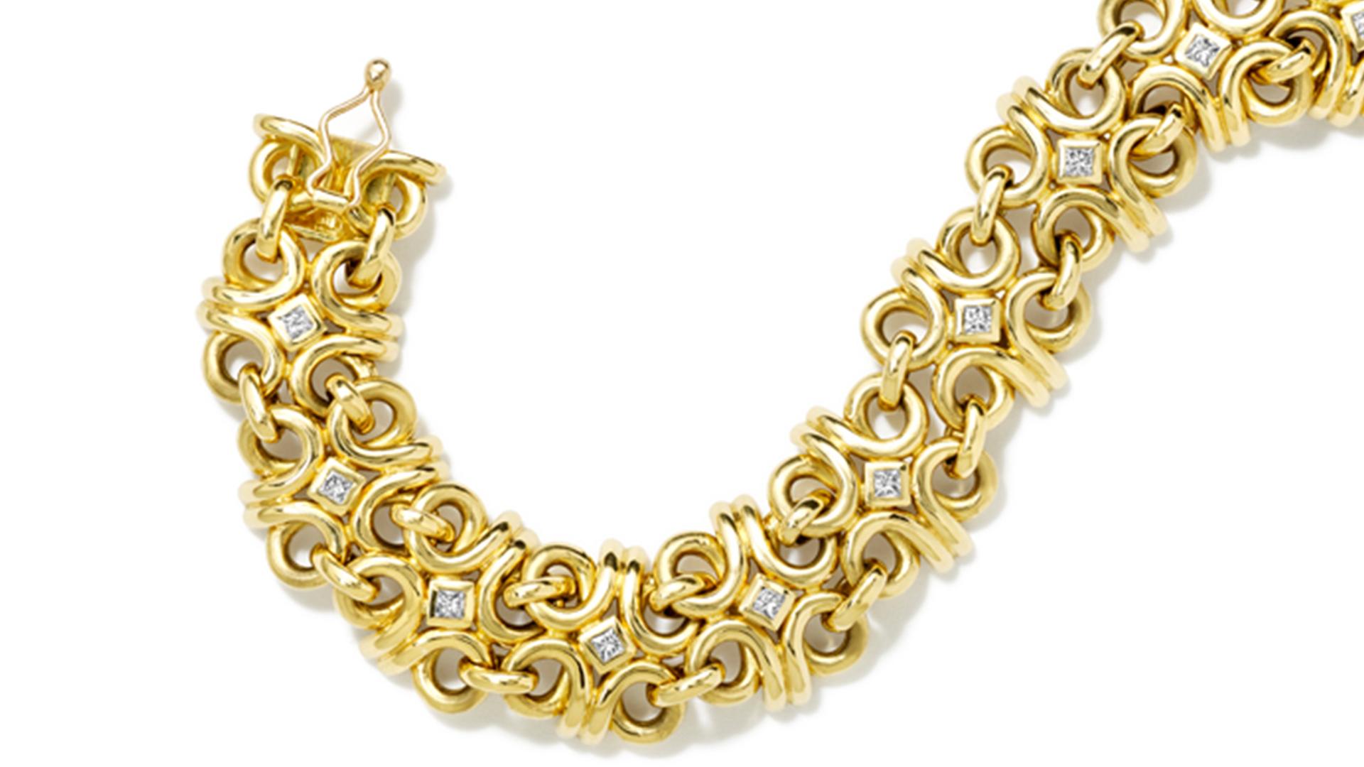 Beatrice 18 carat yellow gold and square cut diamond set bracelet. From Cassandra's Classic Collection.