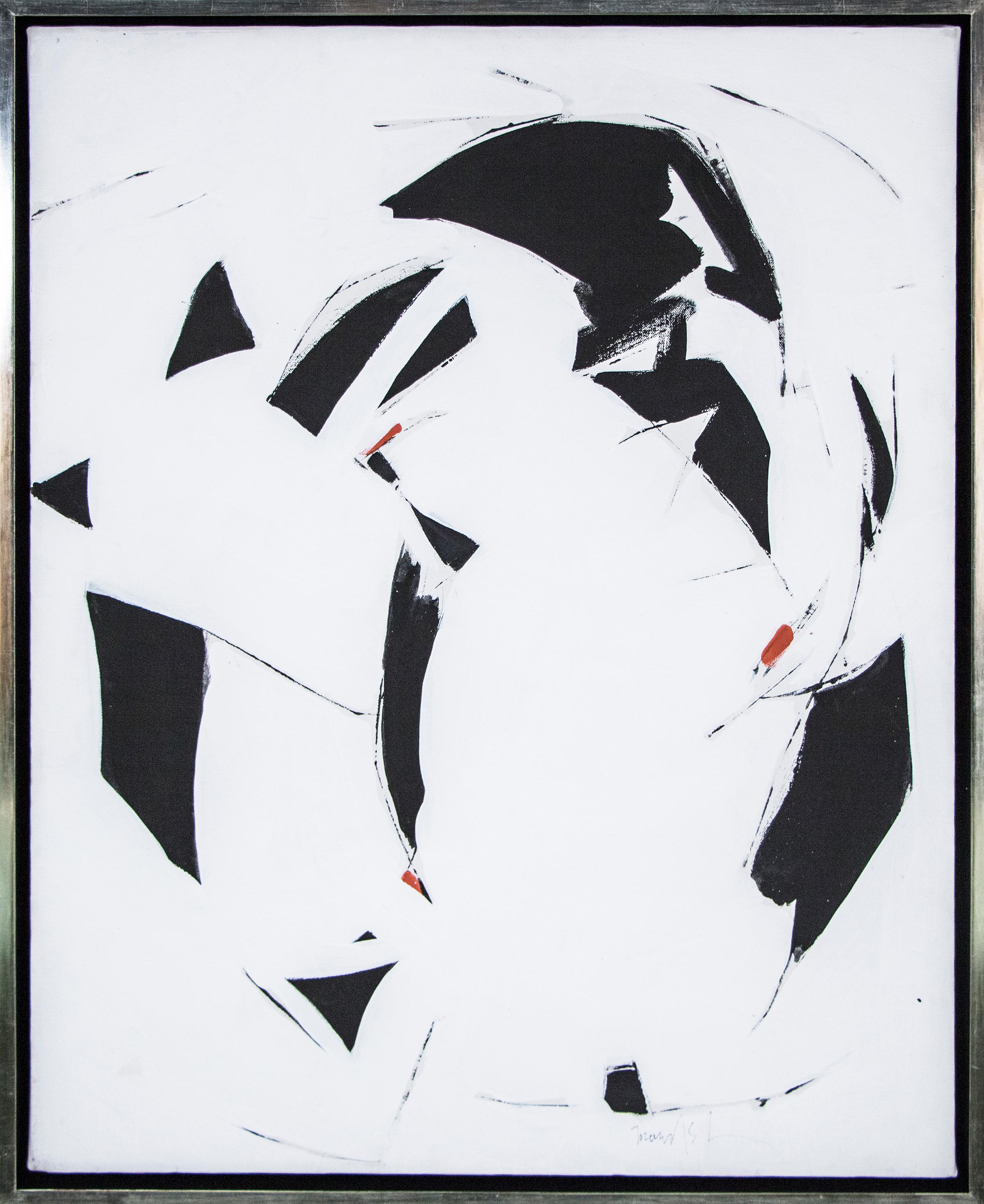 Beatrice Mandelman Abstract Painting - Flight #3, 1980s Framed Modernist Abstract Acrylic Painting, White Black & Red