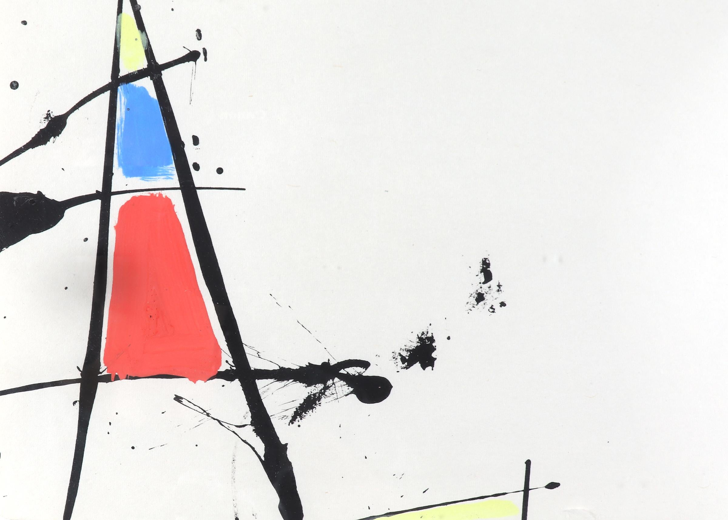 Abstraktes Acrylgemälde auf Papier der Künstlerin Beatrice Mandelman (1912-1998) aus Taos, Mitte des letzten Jahrhunderts. Die Farben Rot, Gelb und Blau sind in leuchtenden Tönen gehalten und von schwarzen Linien umgeben. Das Bild ist 9 1⁄2 x 12 3⁄4
