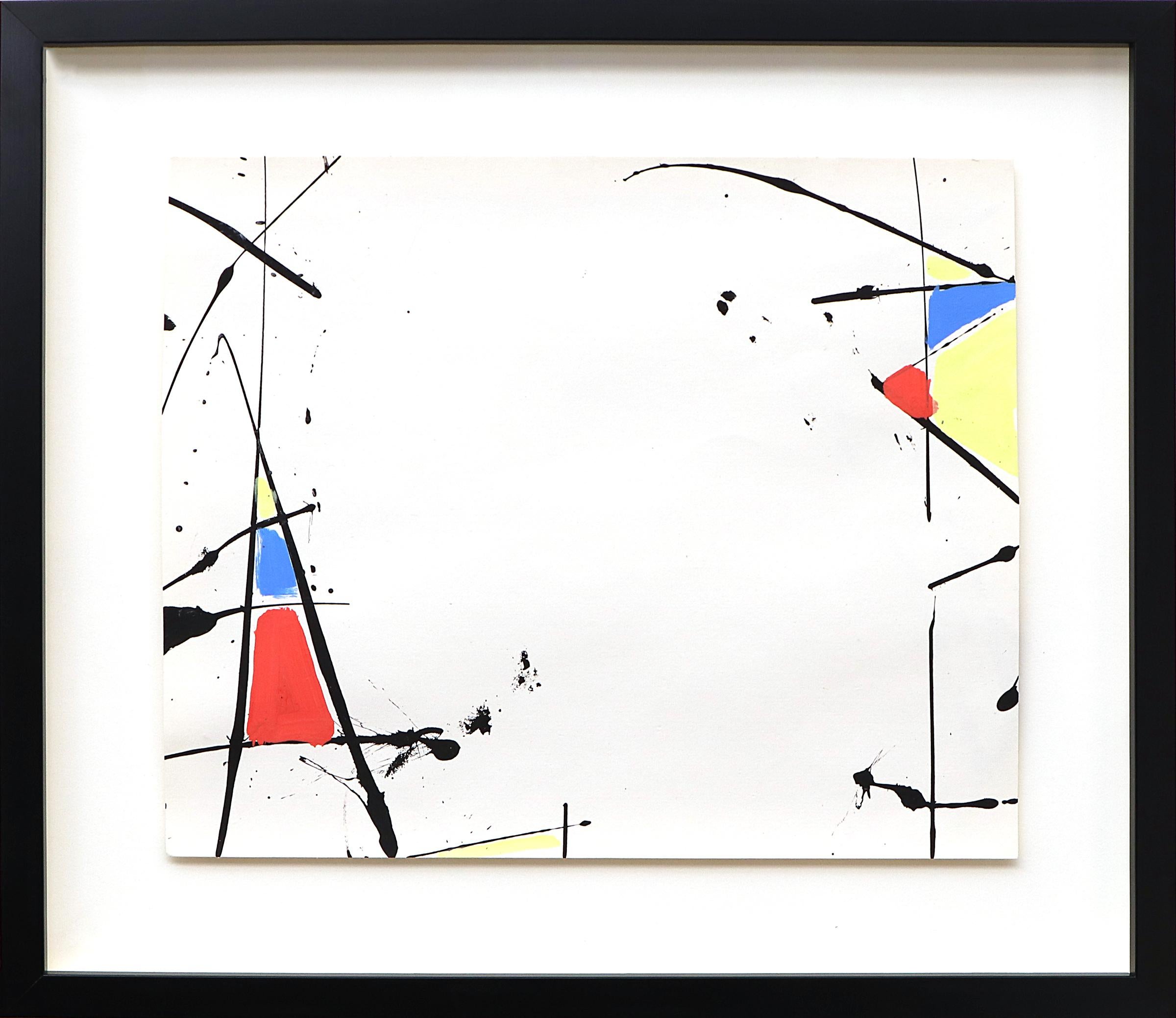 Beatrice Mandelman Abstract Painting – Abstraktes Acrylgemälde mit rotem, gelbem, blauem und schwarzem Muster, Mid-Century Modern