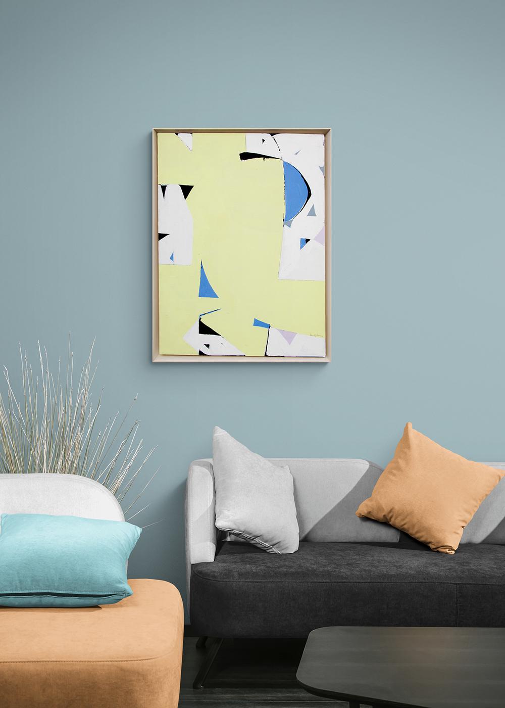 Yellow Sun, 1970s Geometric Abstract Acrylic Painting, Yellow, Blue, White For Sale 5