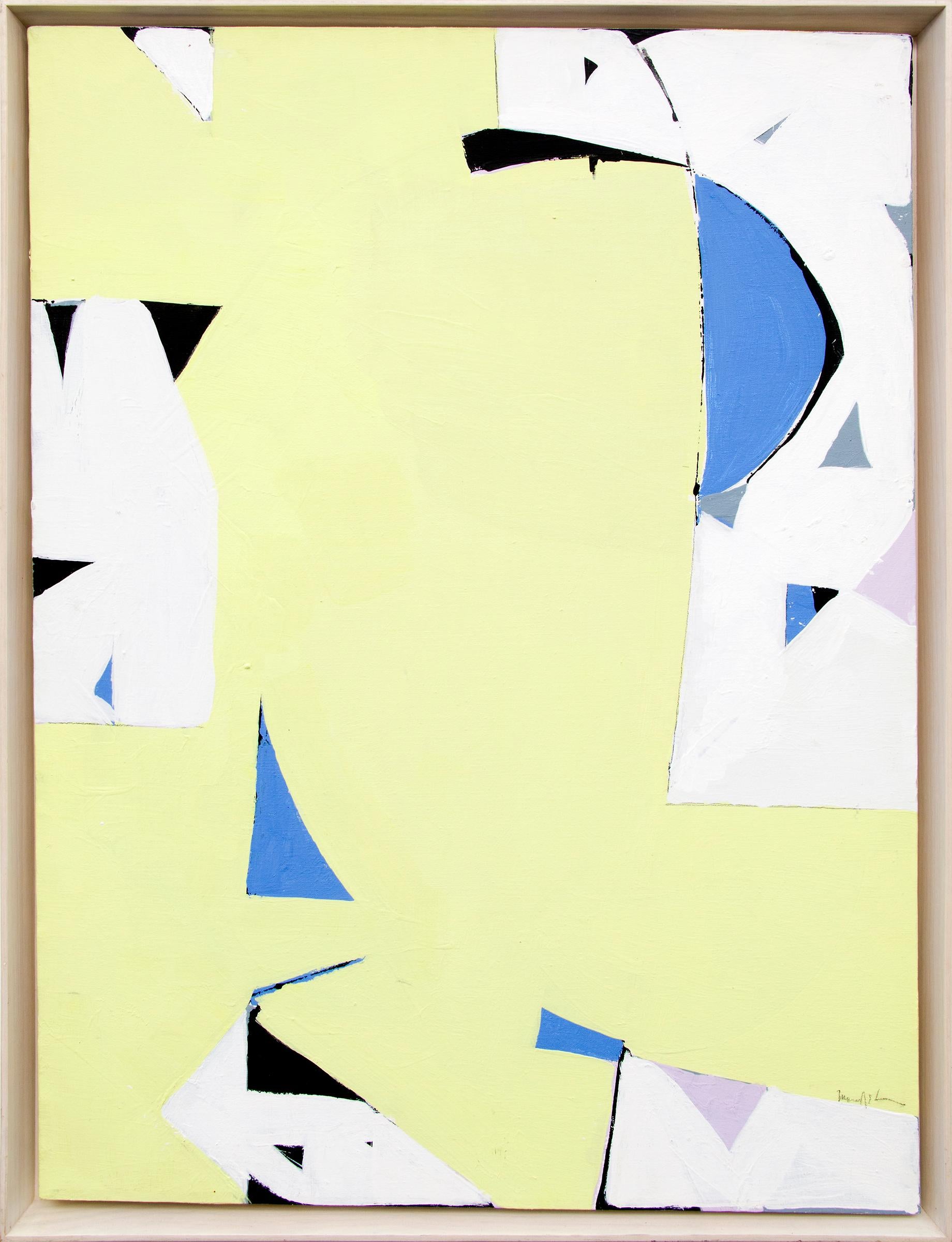 Beatrice Mandelman Abstract Painting - Yellow Sun, 1970s Geometric Abstract Acrylic Painting, Yellow, Blue, White