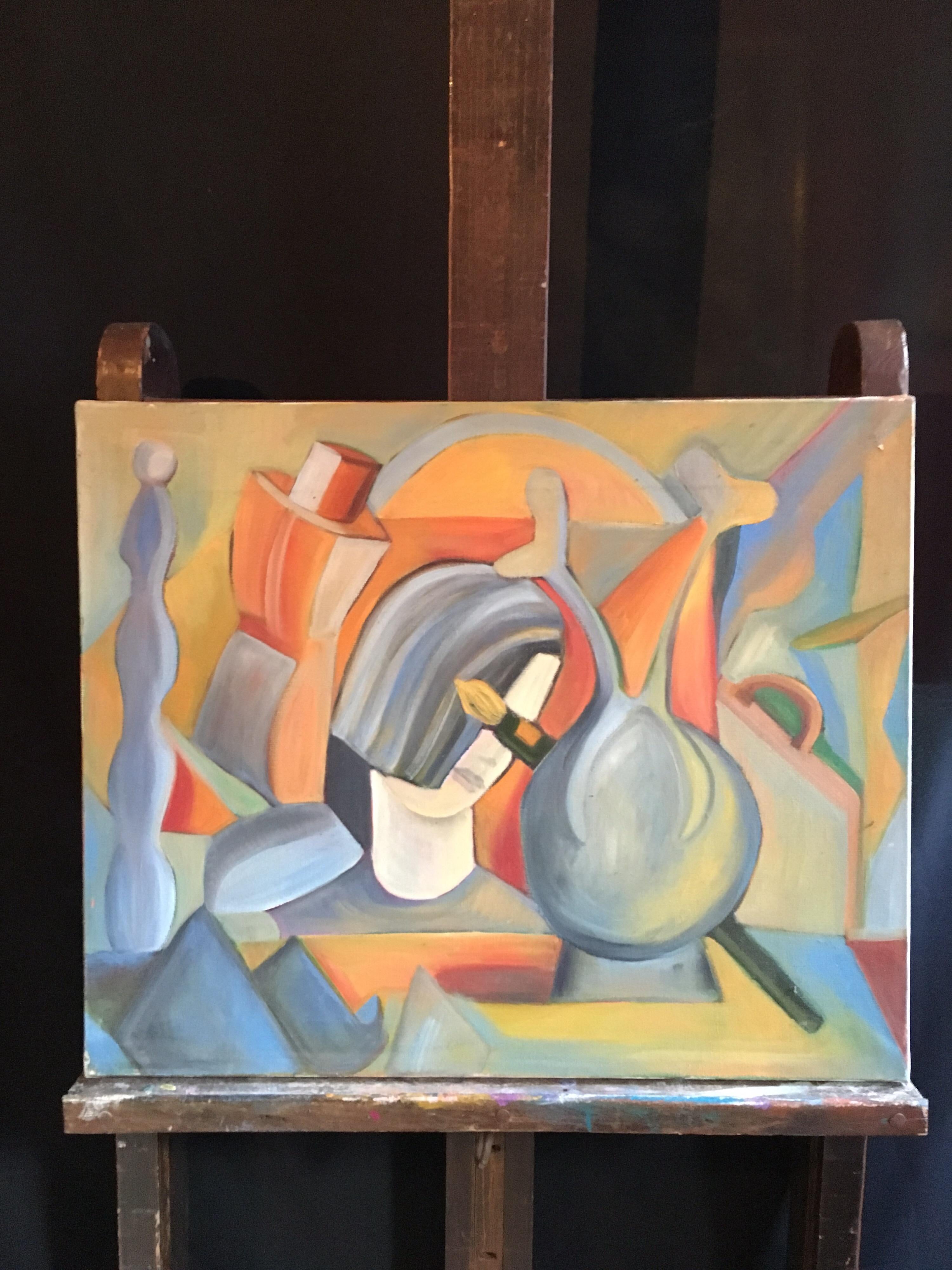 Contemporary French Abstract Orange and Blues Still Life Original Oil Painting For Sale 3