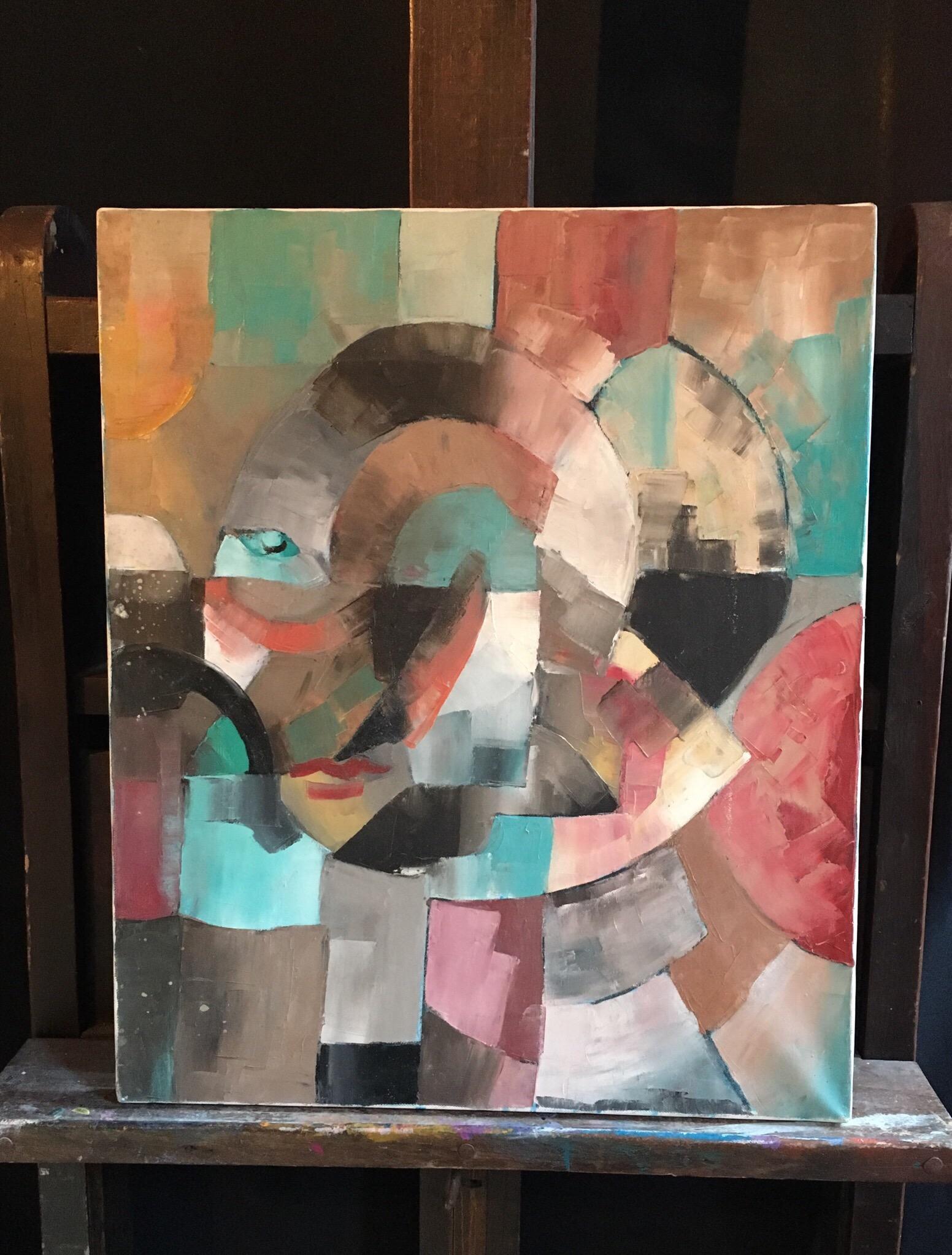 Ritratto cubista francese contemporaneo Multicolore Pittura a olio originale di grandi dimensioni - Painting di Beatrice Werlie