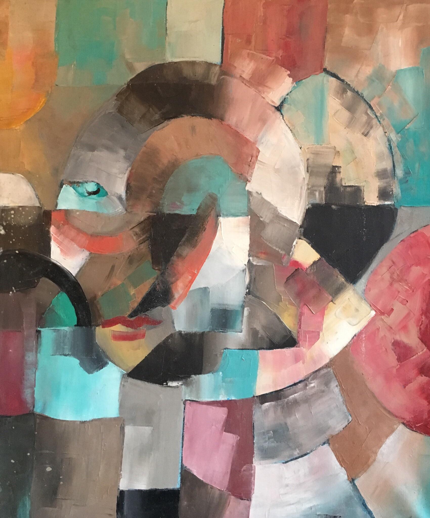 Peinture à l'huile contemporaine cubiste multicolore de grand format 
