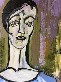 Elegant Large Portrait, Picasso Style, Original Oil Painting, Signed