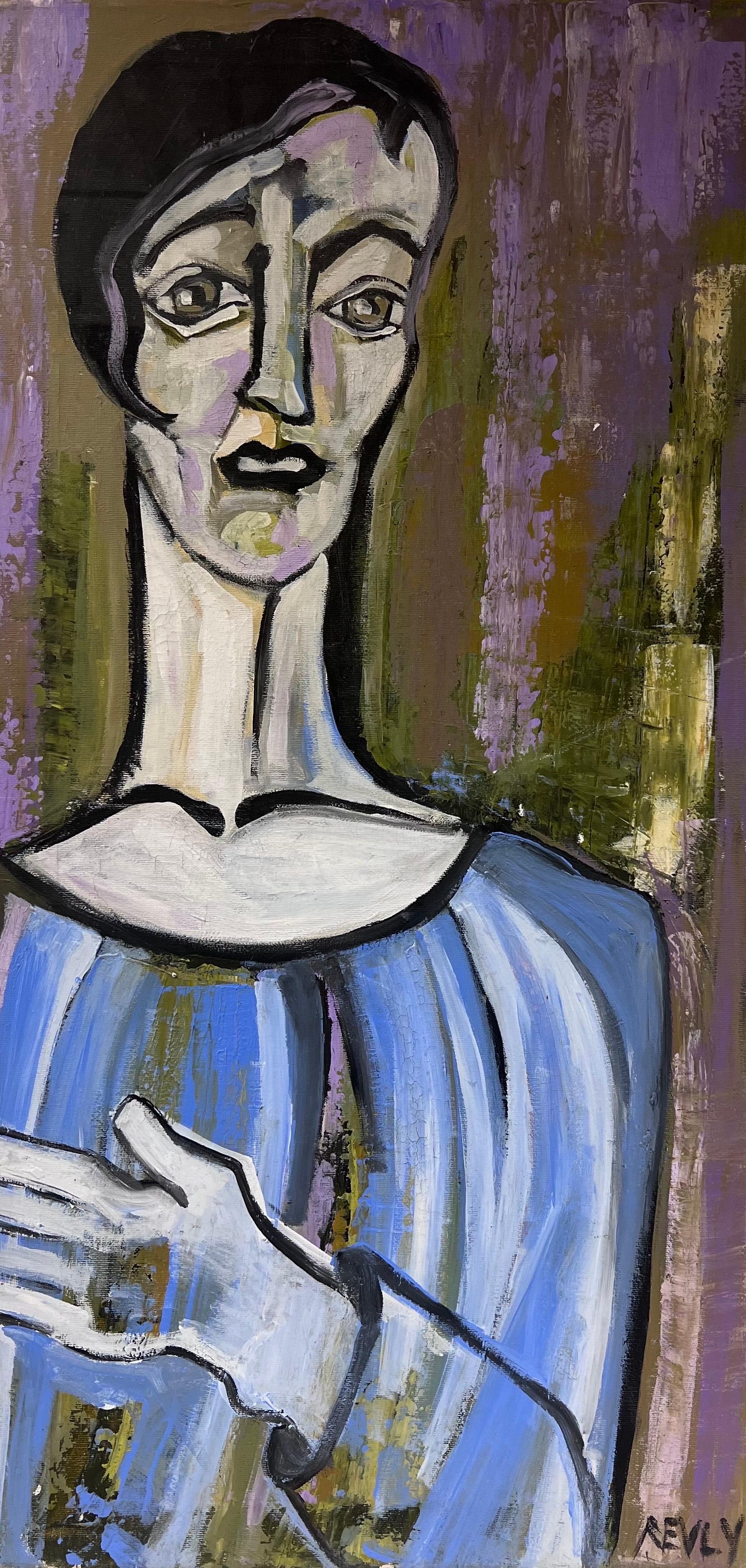 Elegant Large Portrait, Picasso Style, Original Oil Painting, Signed - Black Abstract Painting by Beatrice Werlie