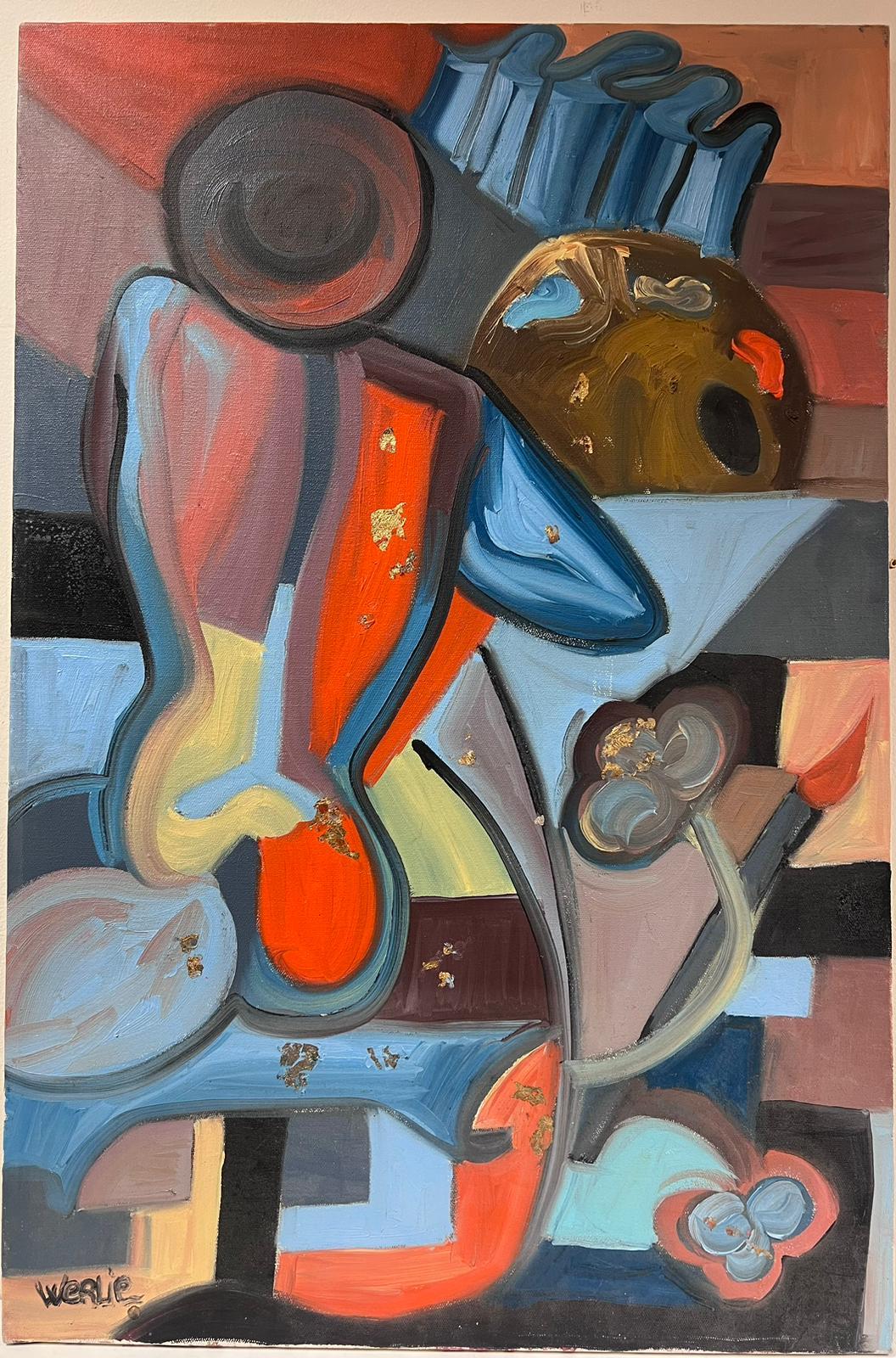 Großes abstraktes, mehrfarbiges Original-Ölgemälde im kubistischen Stil, signiert – Painting von Beatrice Werlie