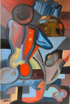 Grande peinture à l'huile originale multicolore de style cubiste abstrait signée