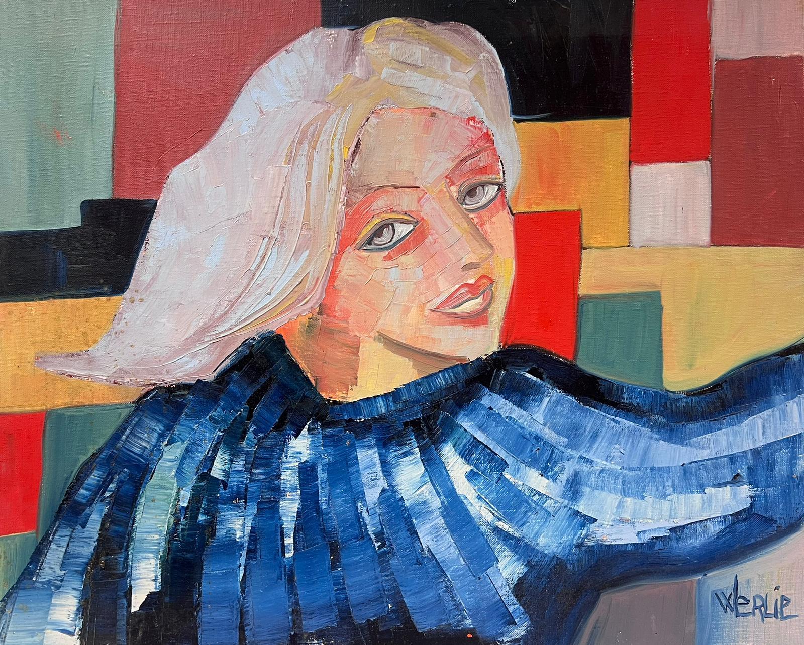 Beatrice Werlie Portrait Painting – Großes abstraktes, mehrfarbiges Original-Ölgemälde im kubistischen Stil, signiert
