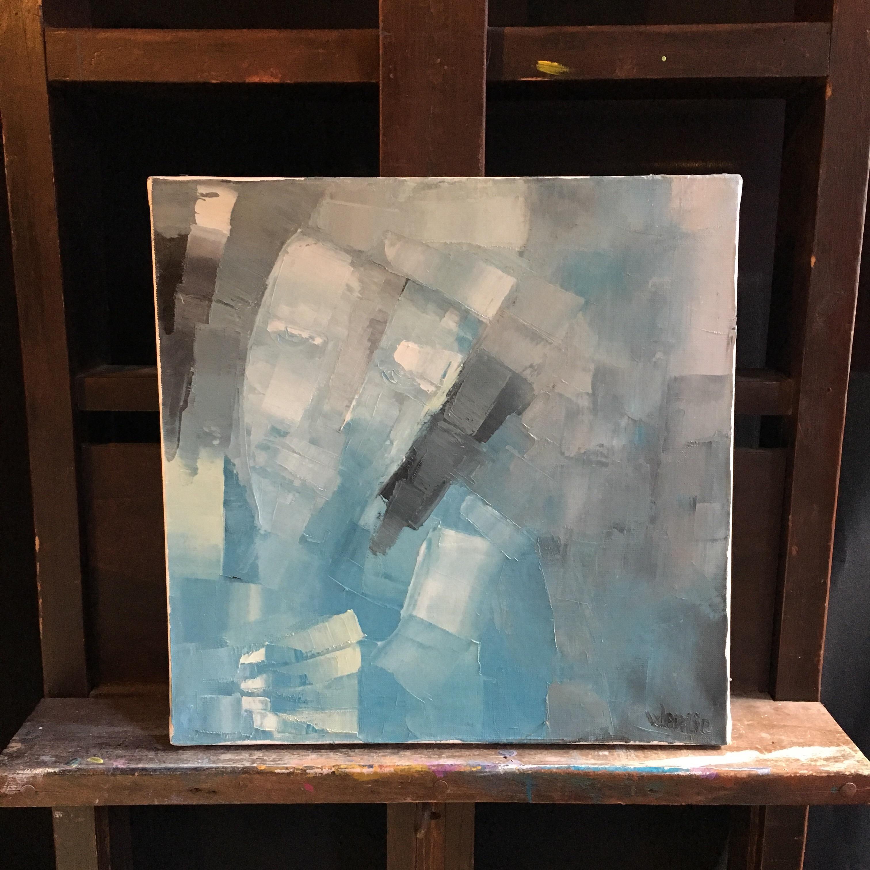 Quadrato astratto in stile cubista, dipinto ad olio originale di colore blu, firmato - Painting di Beatrice Werlie