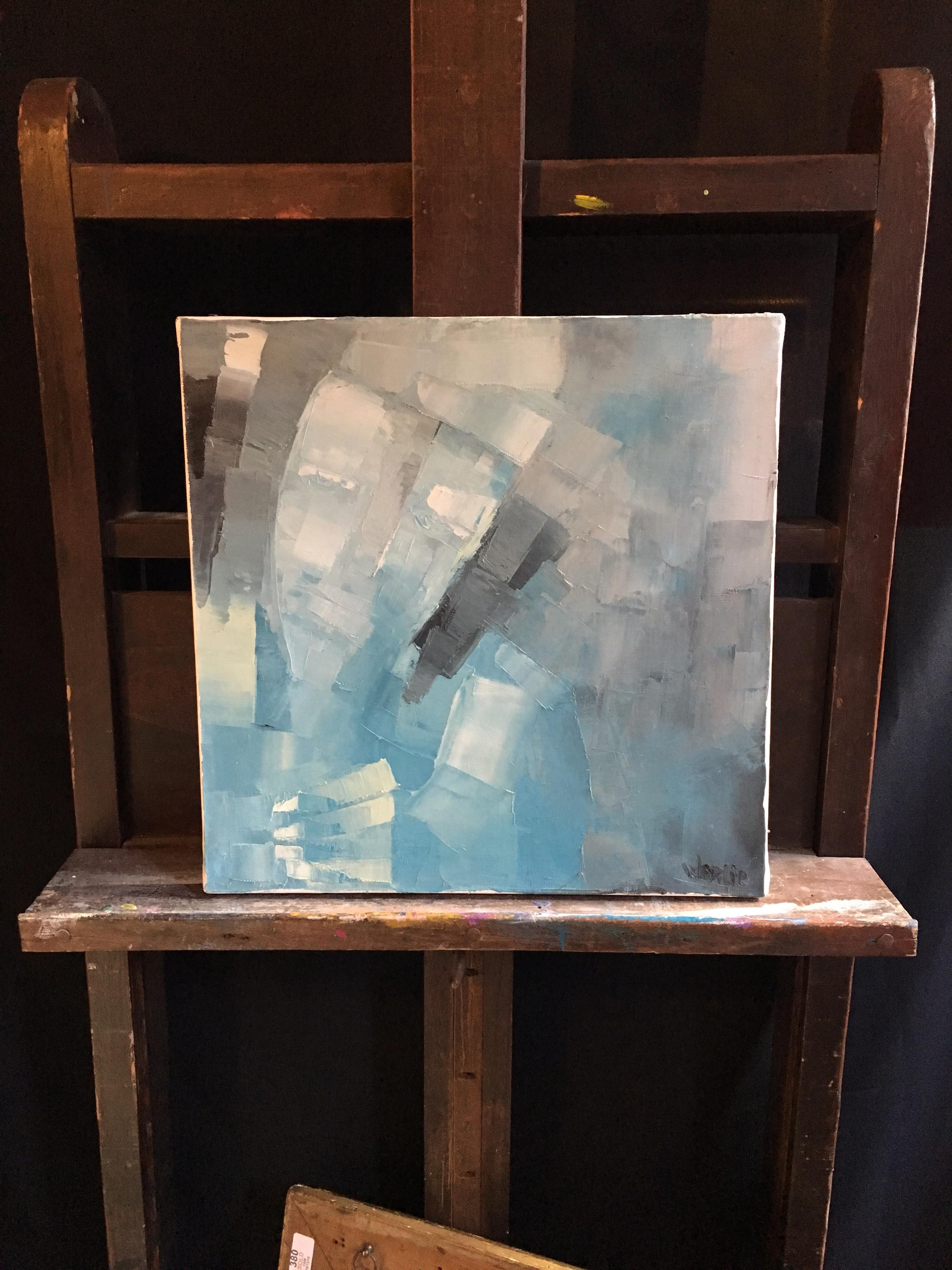 Square Abstract Cubist Style Portrai, Blue Colour Original Oil Painting, Signed For Sale 4