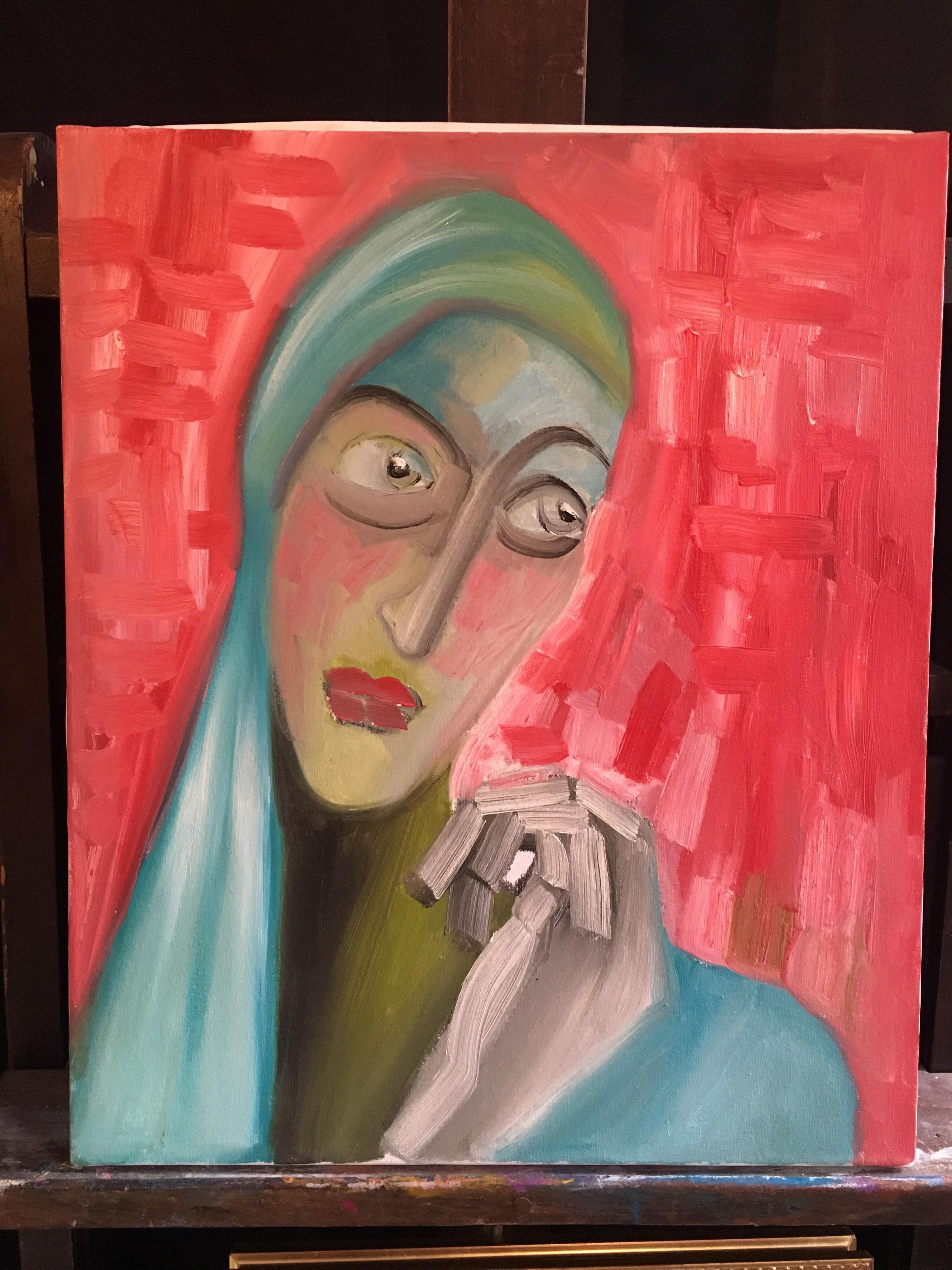 Ritratto sorprendente, astratto cubista, colore rosso, pittura a olio originale - Painting di Beatrice Werlie