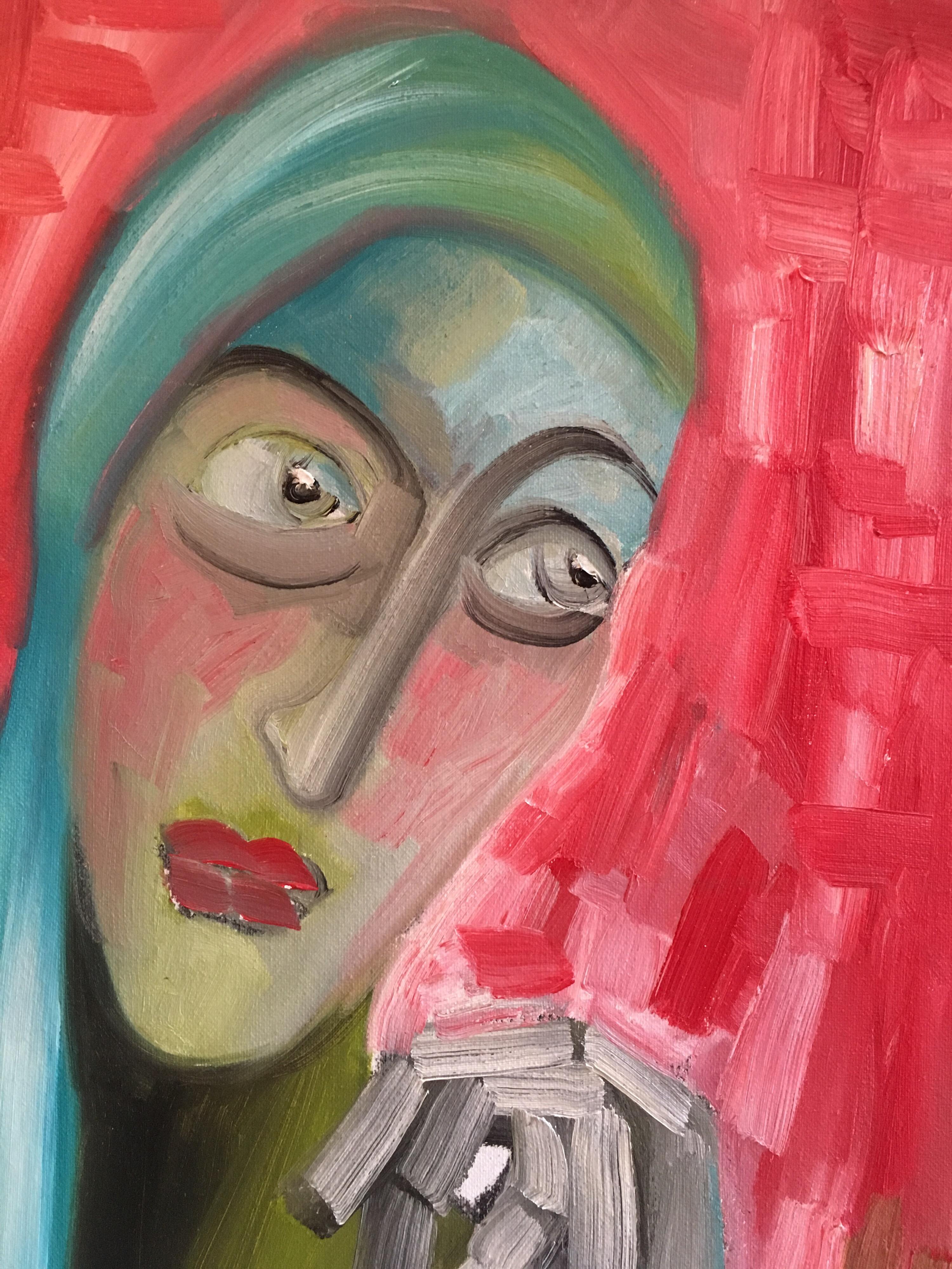 Ritratto sorprendente, astratto cubista, colore rosso, pittura a olio originale - Painting Astratto di Beatrice Werlie