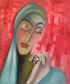 Ritratto sorprendente, astratto cubista, colore rosso, pittura a olio originale