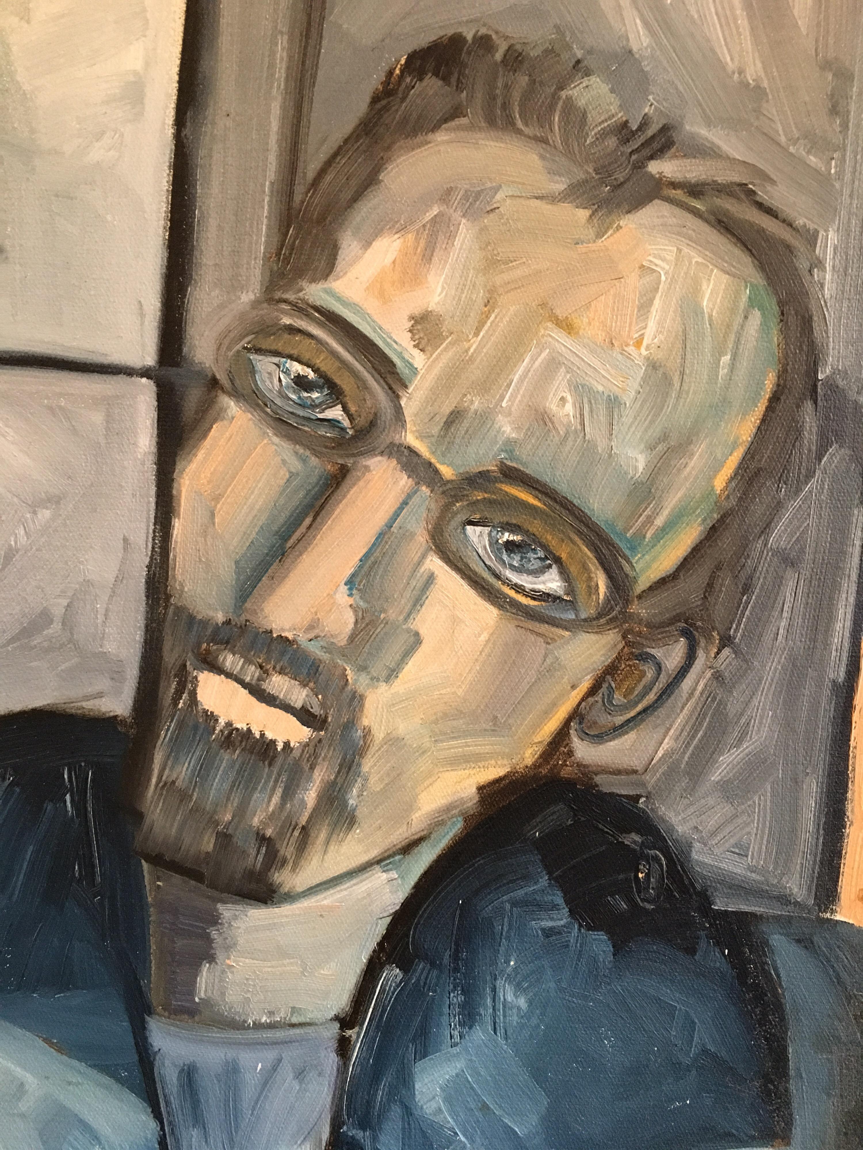 Stylish Man in Glasses, Portrait, Blue Colour ,Original Oil Painting 
By French artist Beatrice Werlie, early 21st Century
Signed by the artist on the lower left hand corner
Oil painting on canvas, unframed
Canvas size: 26 x 21 inches

Sensational