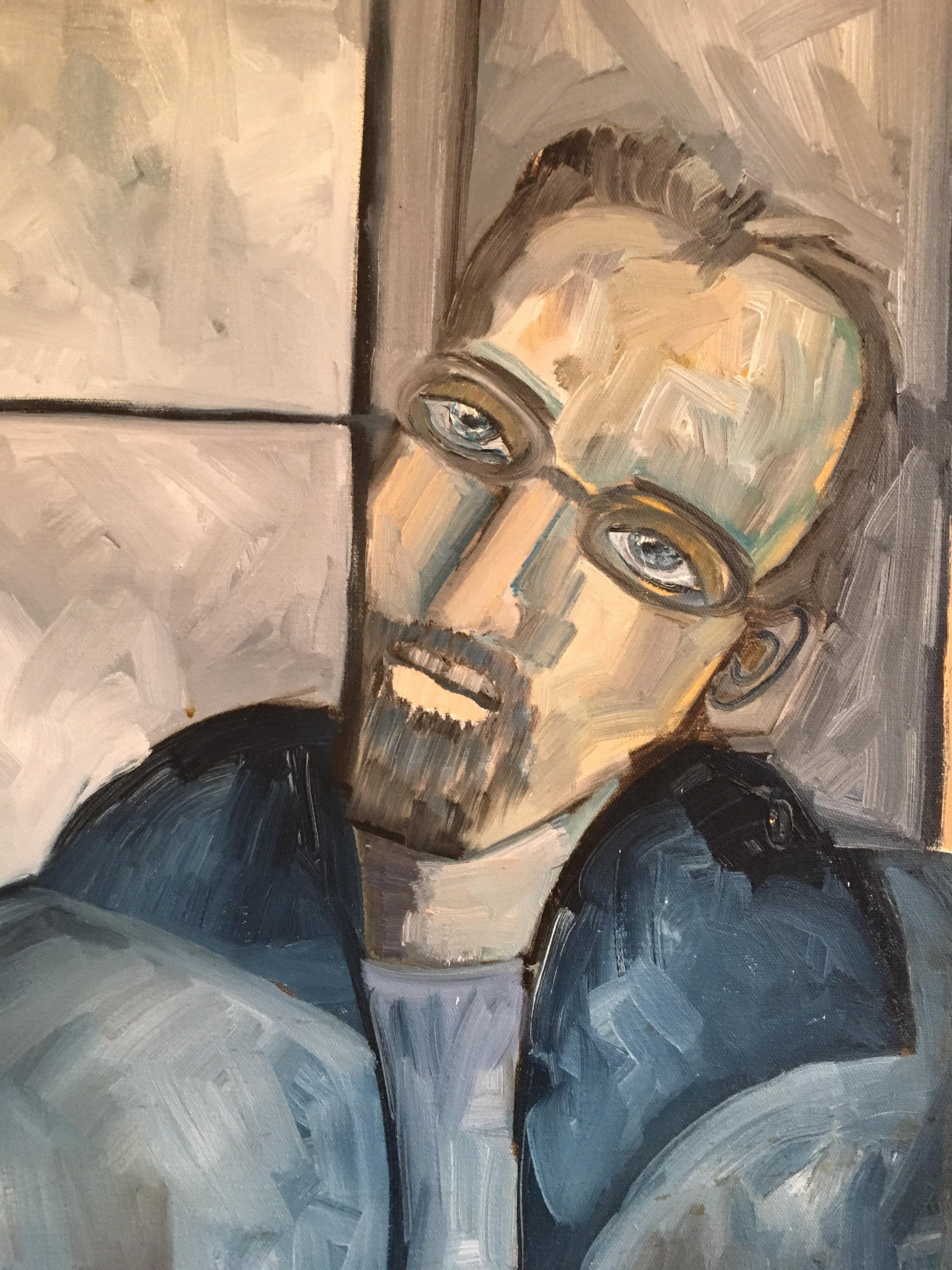Uomo elegante con gli occhiali, ritratto, colore blu, pittura ad olio originale 
Dell'artista francese Beatrice Werlie, inizio XXI secolo
Firmato dall'artista nell'angolo in basso a sinistra.
Pittura a olio su tela, senza cornice
Dimensioni della