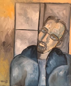 Stylish Man in Glasses, Portrait, Blue Colour , Original Oil Painting 