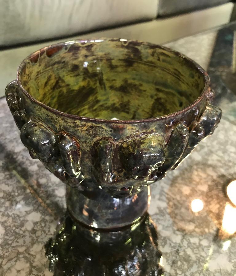 Mid-Century Modern Beatrice Wood Luster Glaze Mid-Century Pottery Ceramic Chalice Cup with Figures
