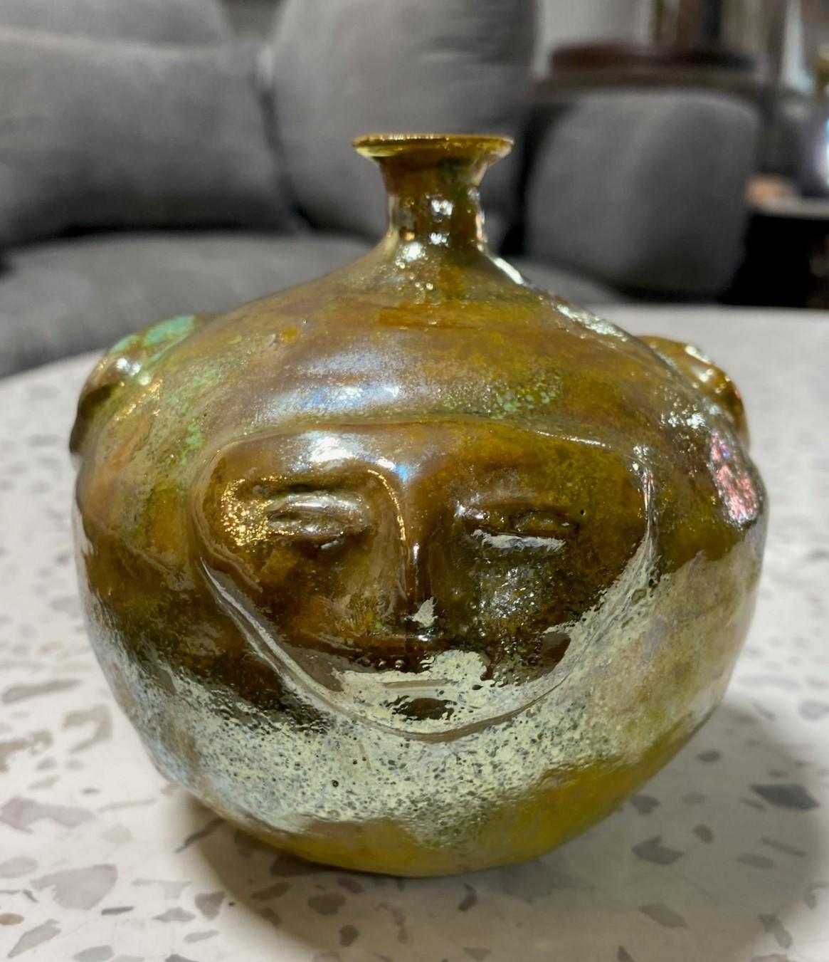 American Beatrice Wood Signed Iridescent Luster Glaze California Studio Pottery Face Vase For Sale