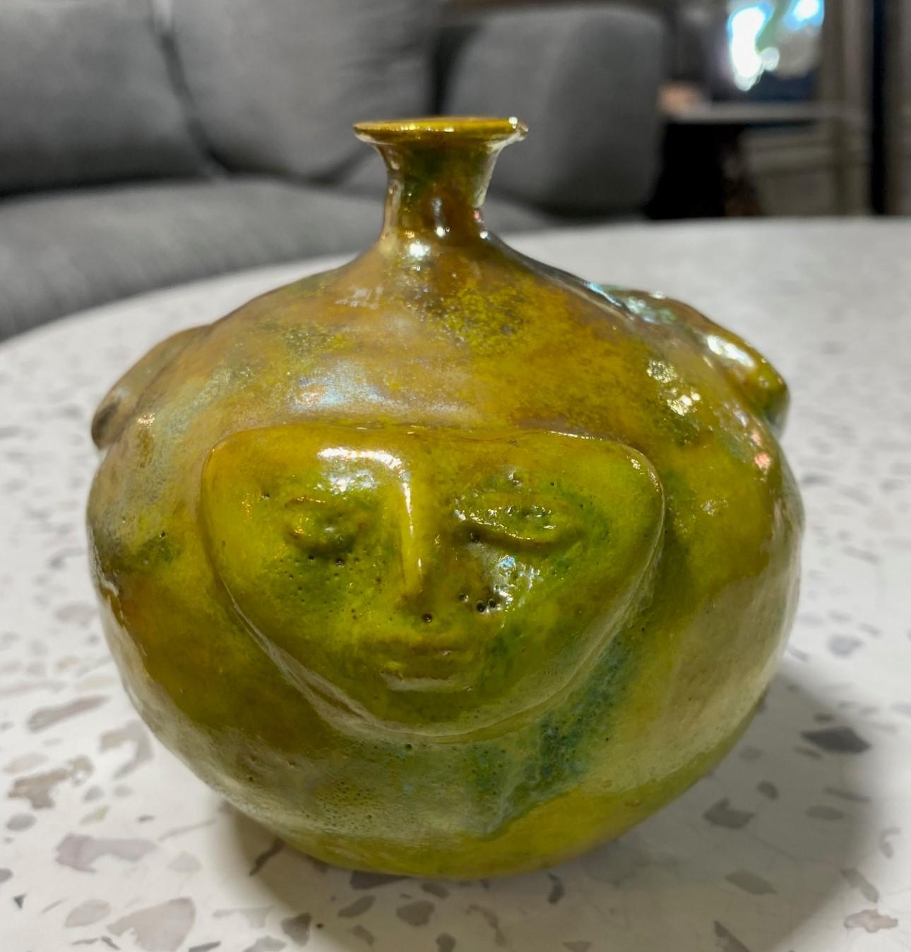 Beatrice Wood Signed Iridescent Luster Glaze California Studio Pottery Face Vase In Good Condition For Sale In Studio City, CA