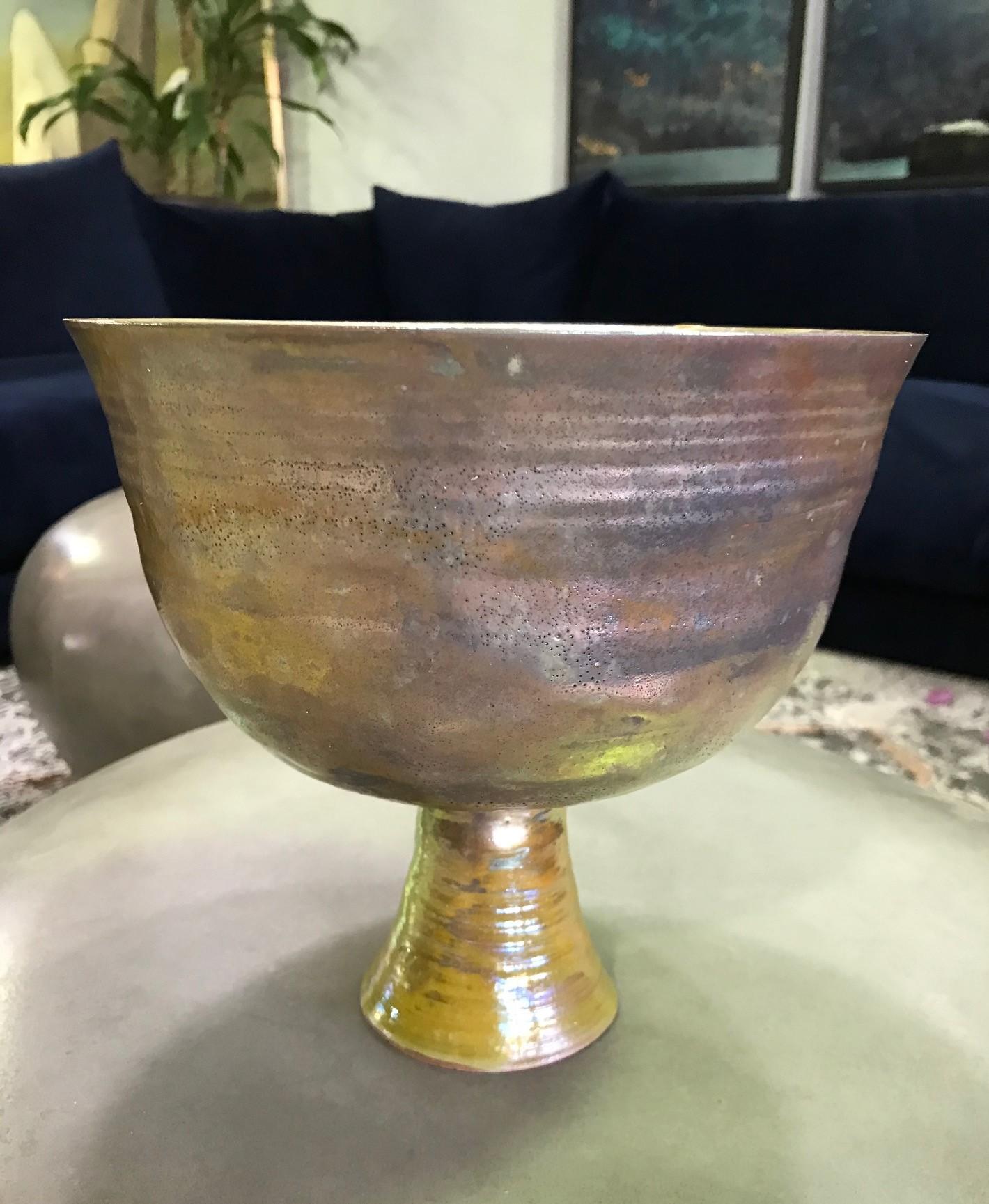 Mid-Century Modern Beatrice Wood Signed Large Iridescent Gold Luster Glaze Earthenware Chalice