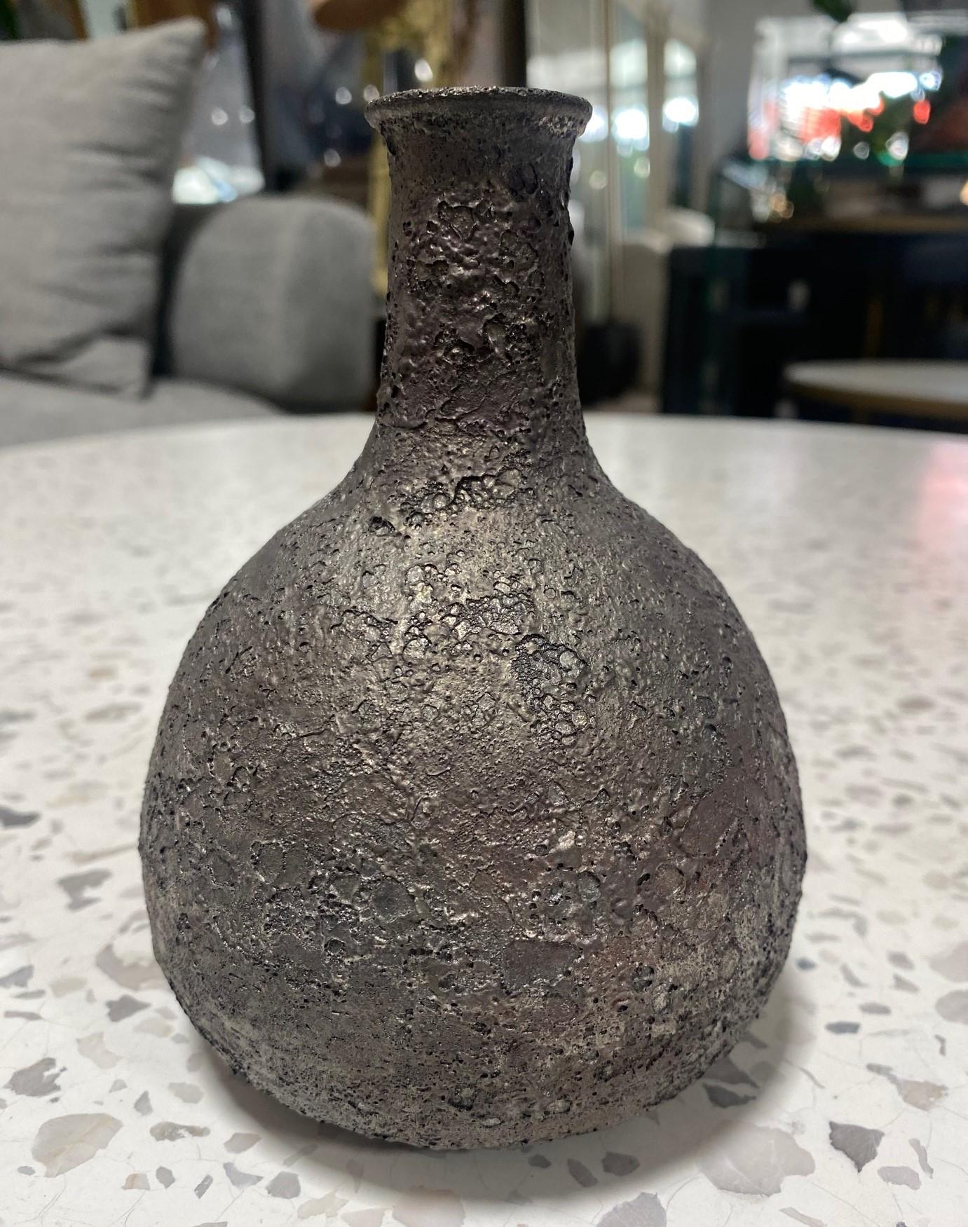American Beatrice Wood Signed Mid-Century California Pottery Dark Lava Crater Glaze Vase For Sale
