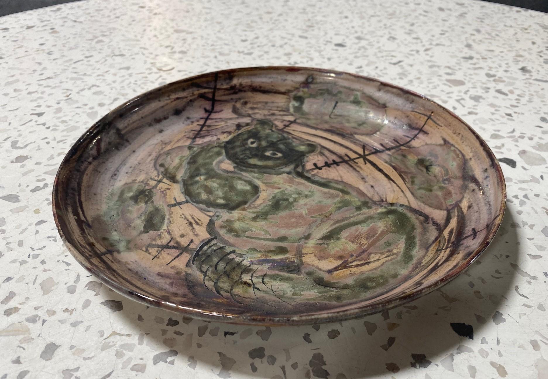 Beatrice Wood Signed Midcentury California Studio Pottery Cat Charger Plate For Sale 1