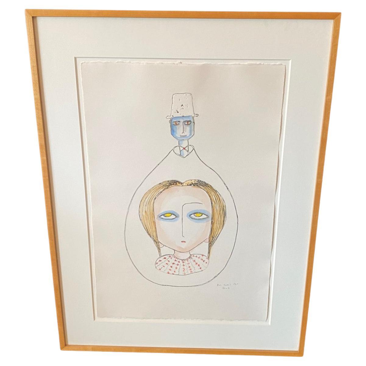 Beatrice Wood Signed Mid-Century Modern Framed Original Painting Rich Man's Pet For Sale