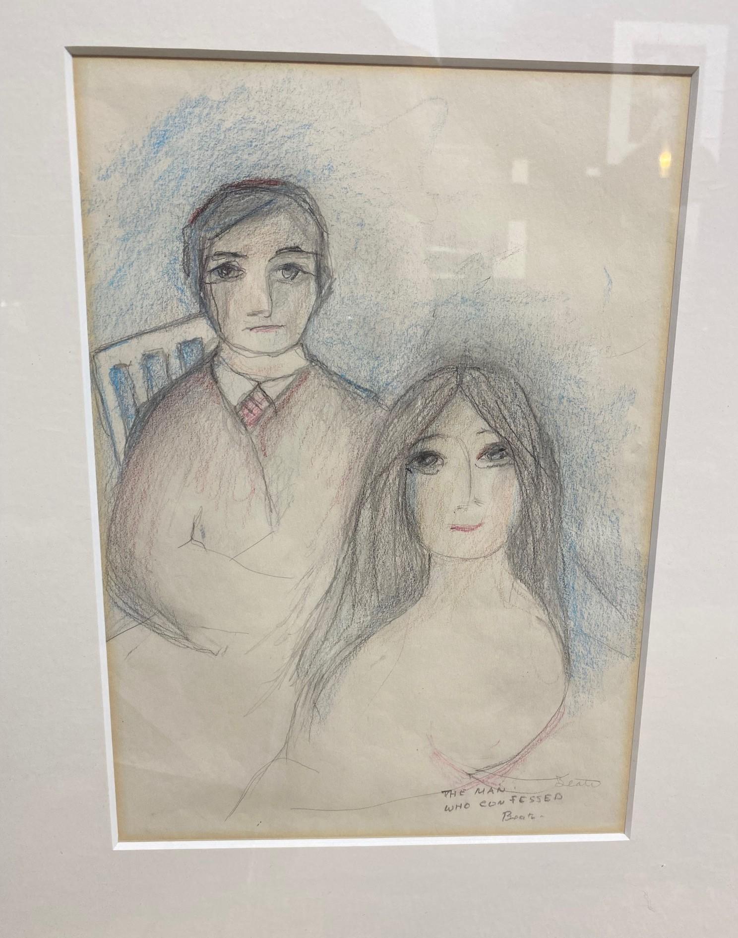 Beatrice Wood Signed Mid-Century Modern Original Drawing the Man Who Confessed In Good Condition In Studio City, CA
